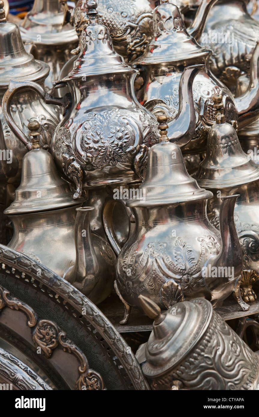 teapots for sale in the ancient medina in Marrakech, Morocco Stock Photo