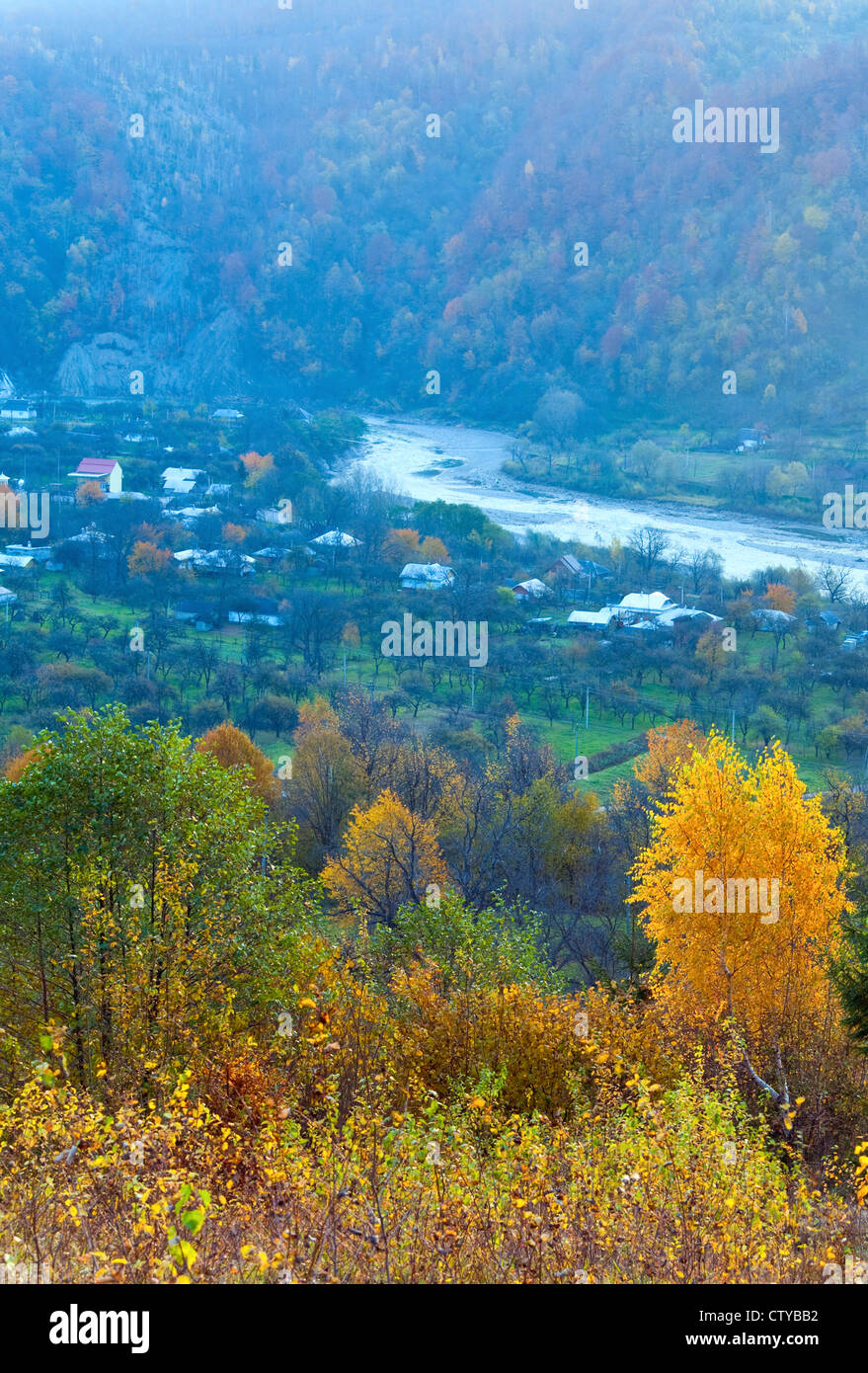 Misty morning autumn mountain village (Carpathian, Ukraine Stock Photo ...