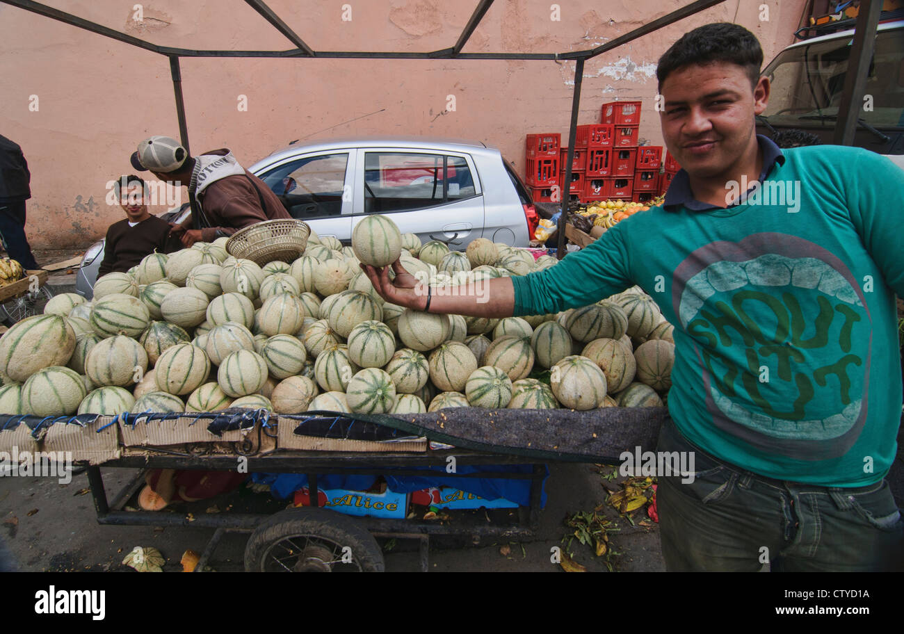 melons for sale in the ancient medina in Marrakech, Morocco Stock Photo