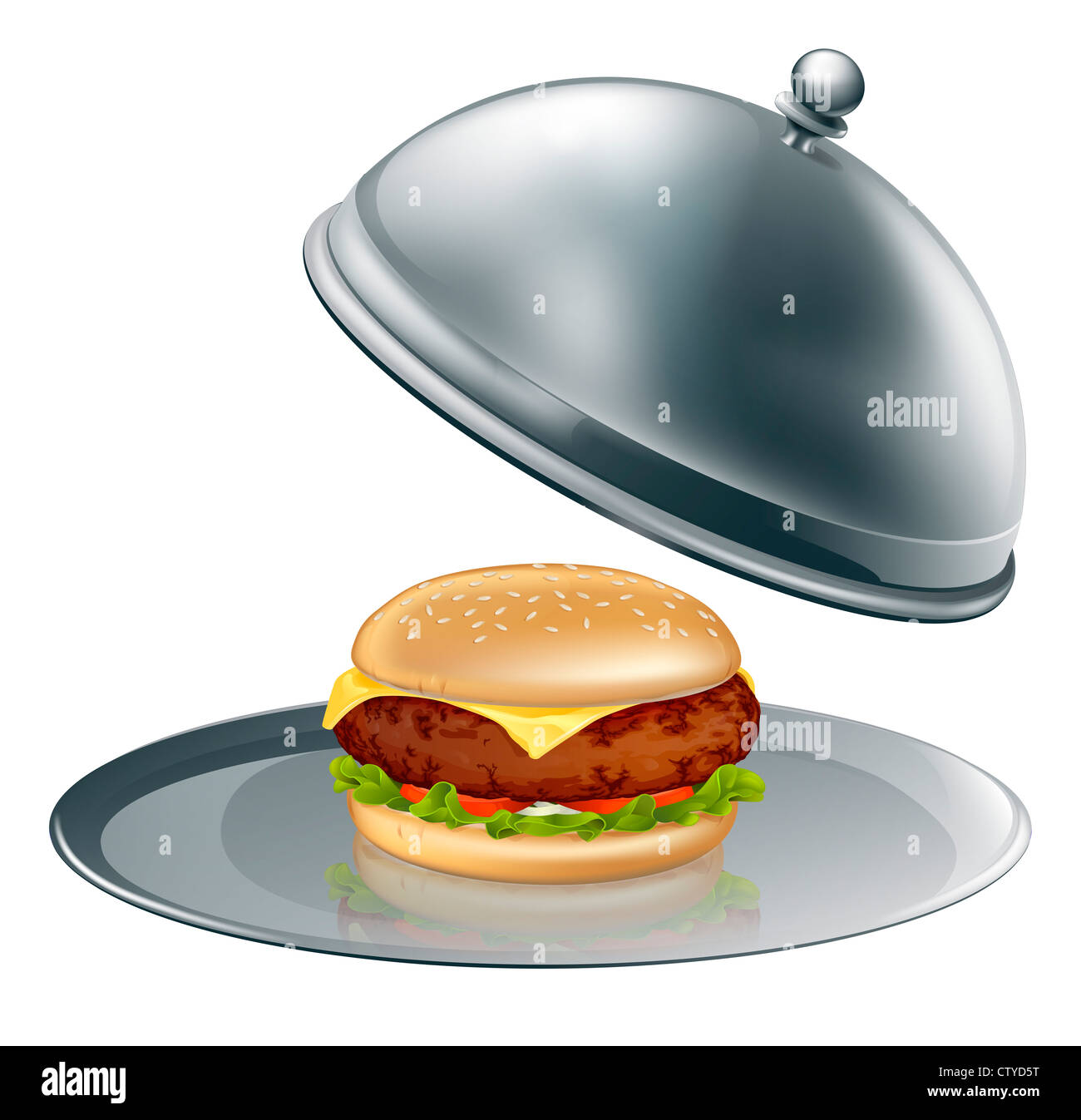 Illustration of a cheese burger on silver platter. Could be a concept for inflated worth or luxury burgers. Stock Photo