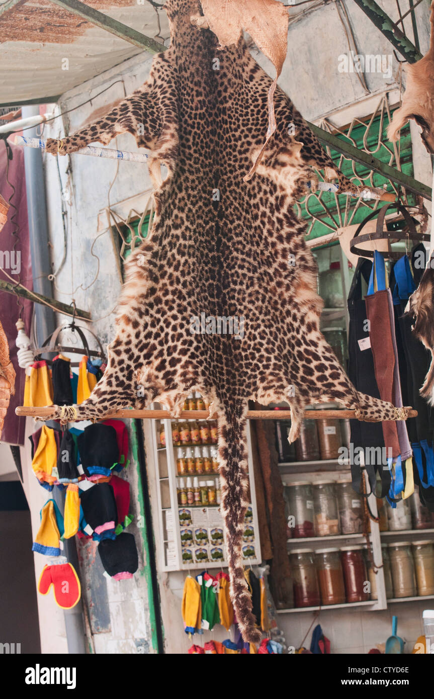 leopard pelt for sale in the ancient medina in Marrakech, Morocco Stock