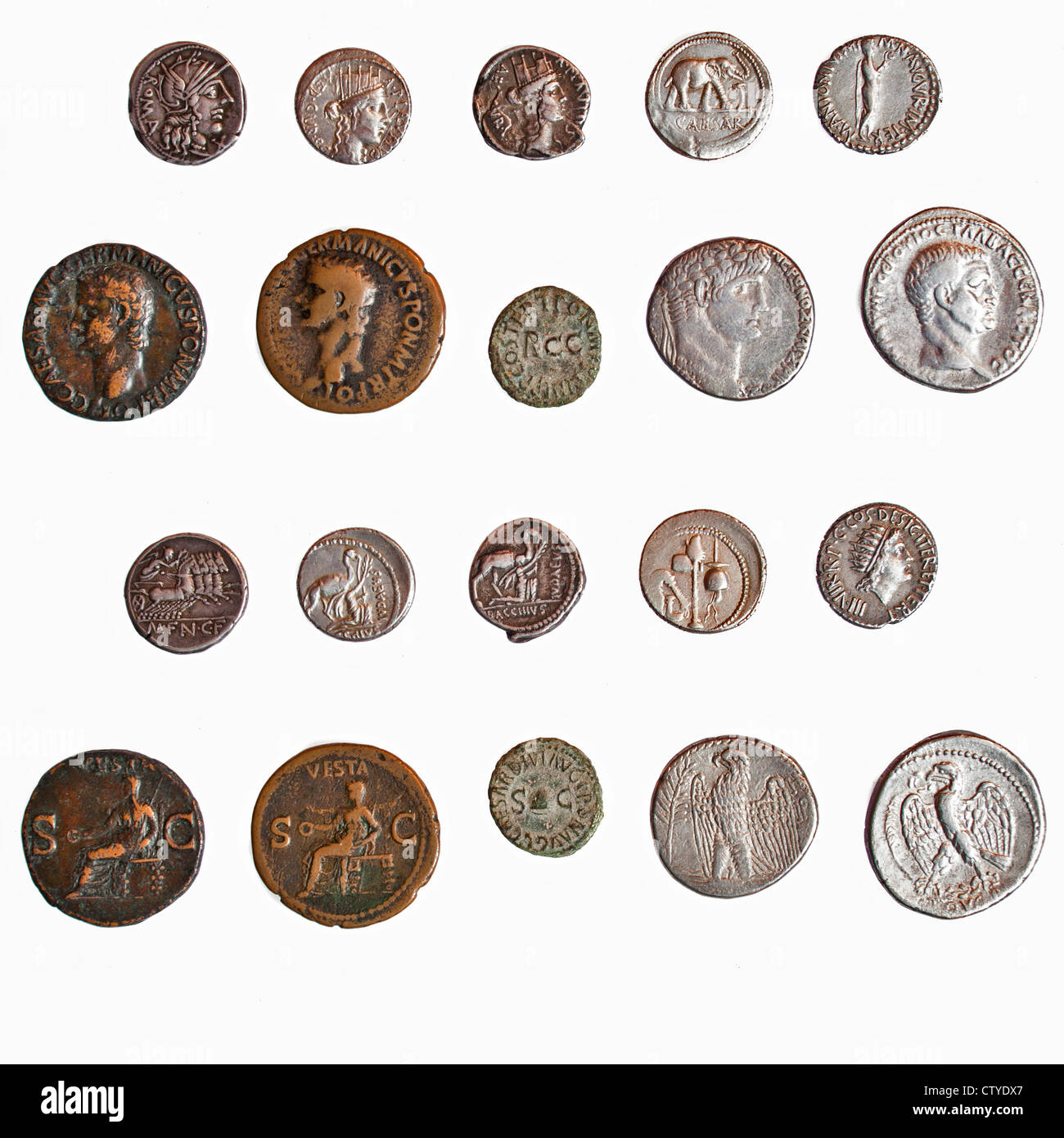Assortment of Ancient Roman Coins 1st century BCE both sides depicted here (private collection) Stock Photo