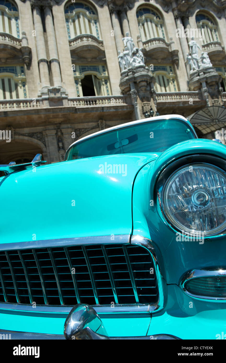 Close-Up of Blue Vintage American Car Havana Cuba Stock Photo