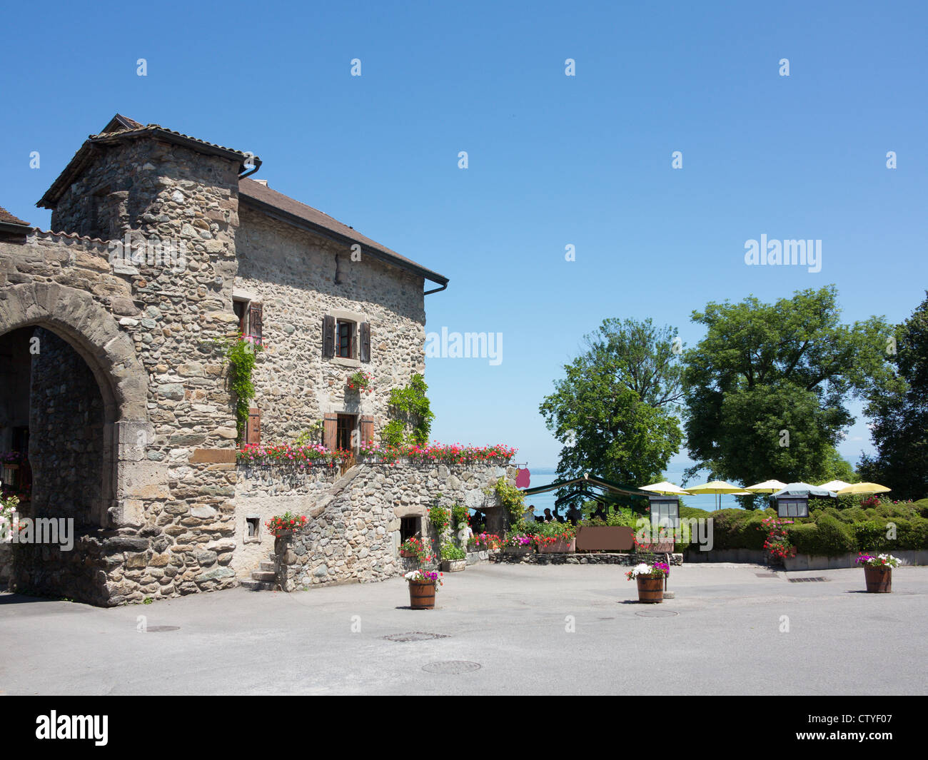 Part of the stone walls of the medieval village of Yvoire situated on the southern bank of of Lake Geneva in the Haute Savoie Stock Photo