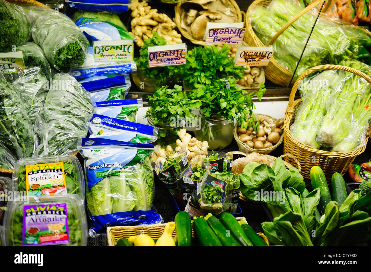 Fresh vegetables displayed in at organic grocery. Stock Photo