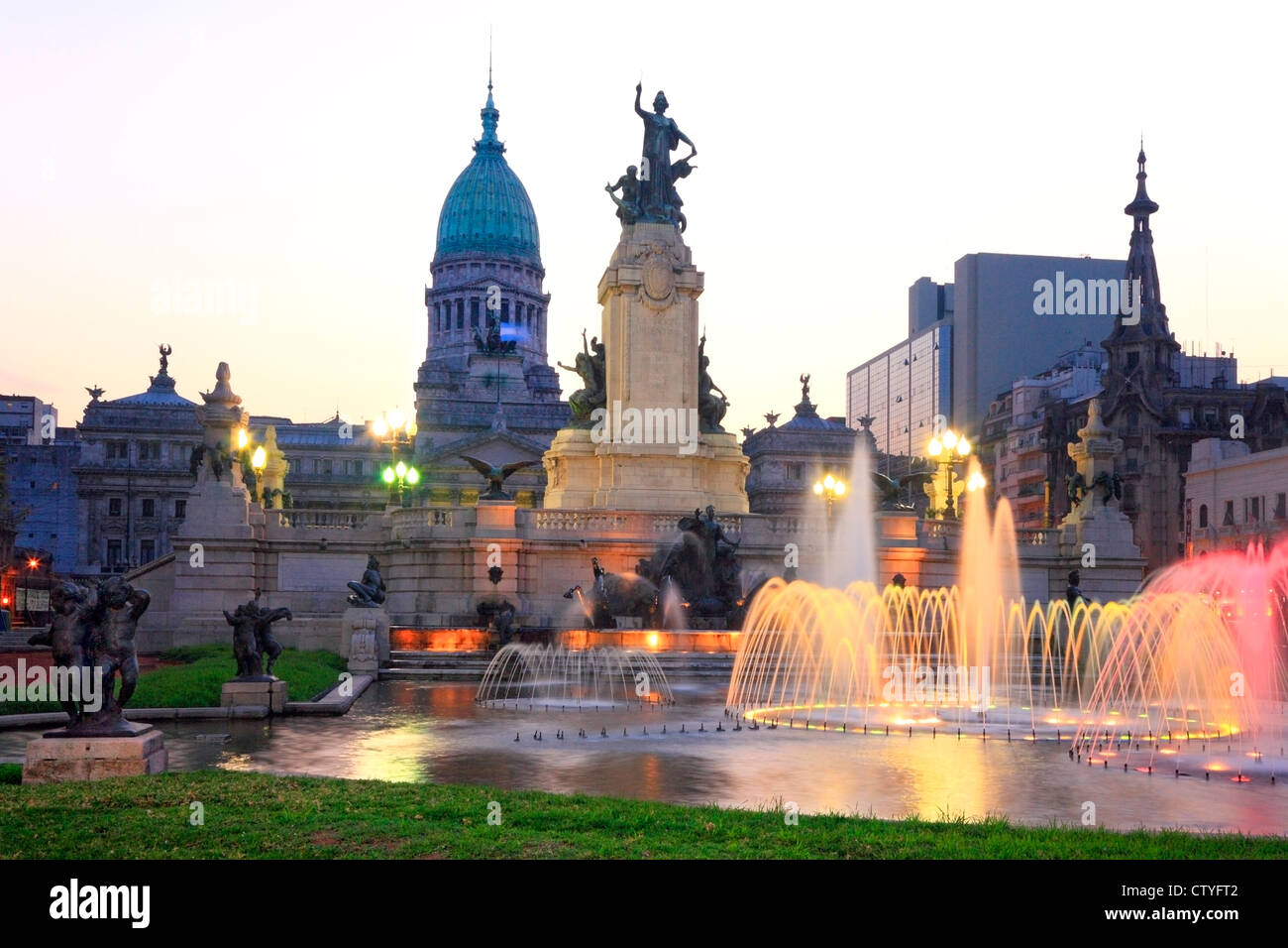 “Two Congress square” park Fountaine, and sculptures. Congreso neighborhood,  Buenos Aires, Argentina Stock Photo
