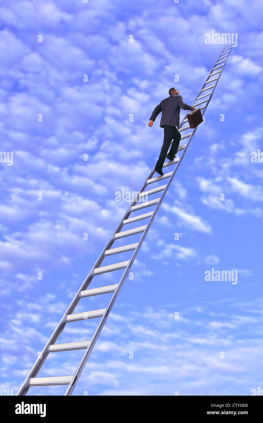 Man climbing ladder to sky Stock Photo - Alamy