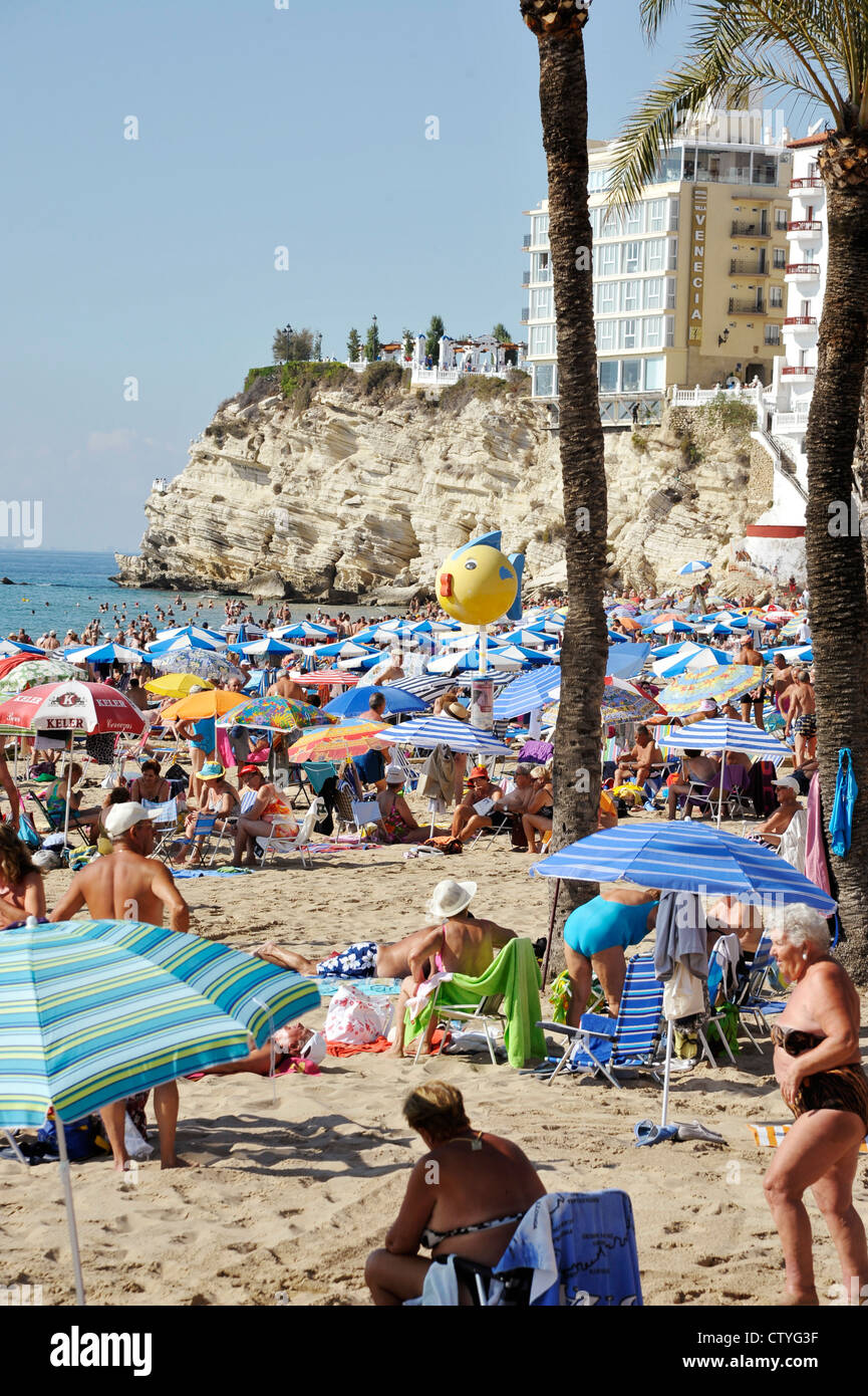 vacationers on Levante Beach in Benidorm, Spain Stock Photo