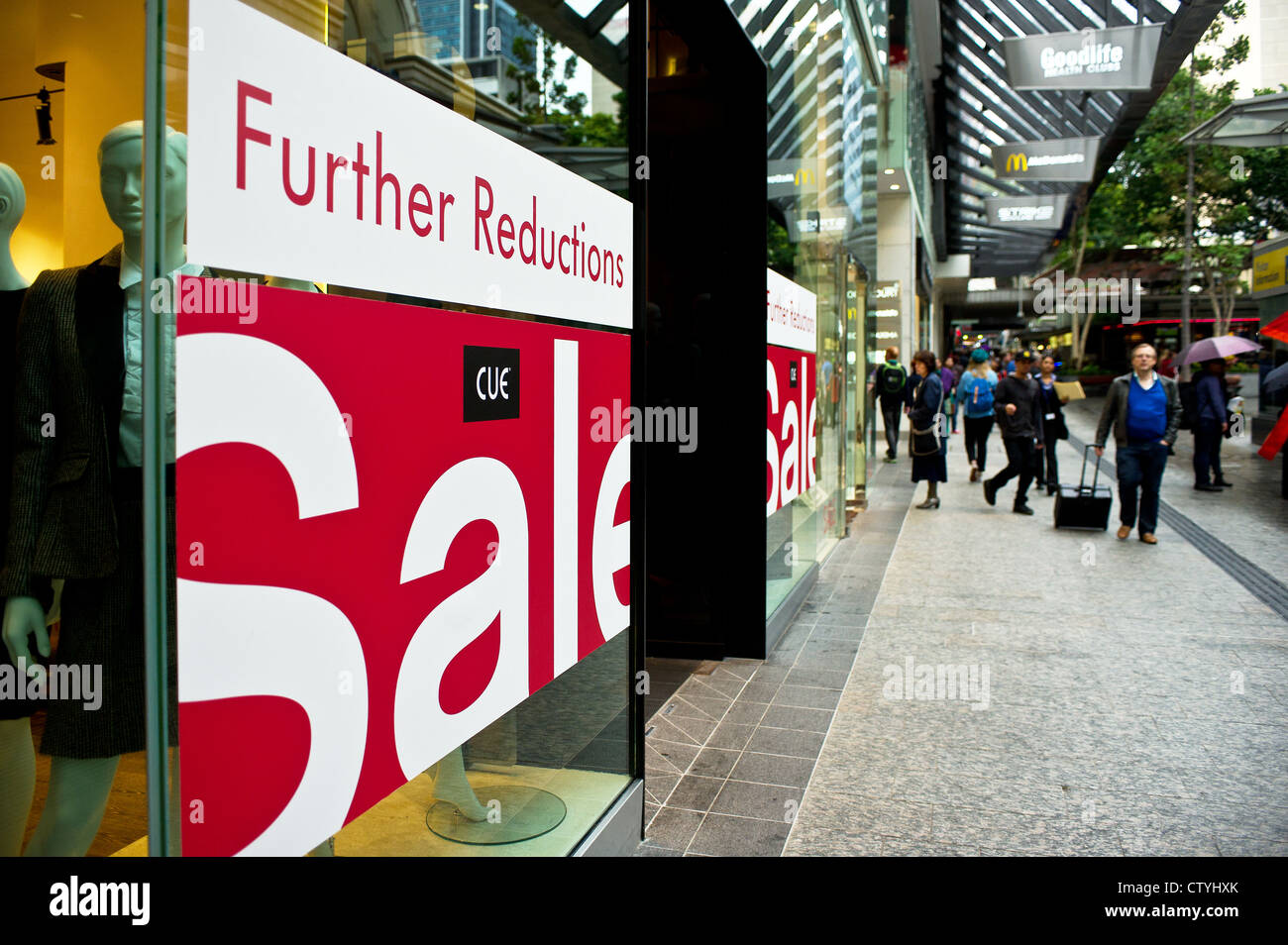 A sale sign in a shop window in Queen Street Mall in Brisbane