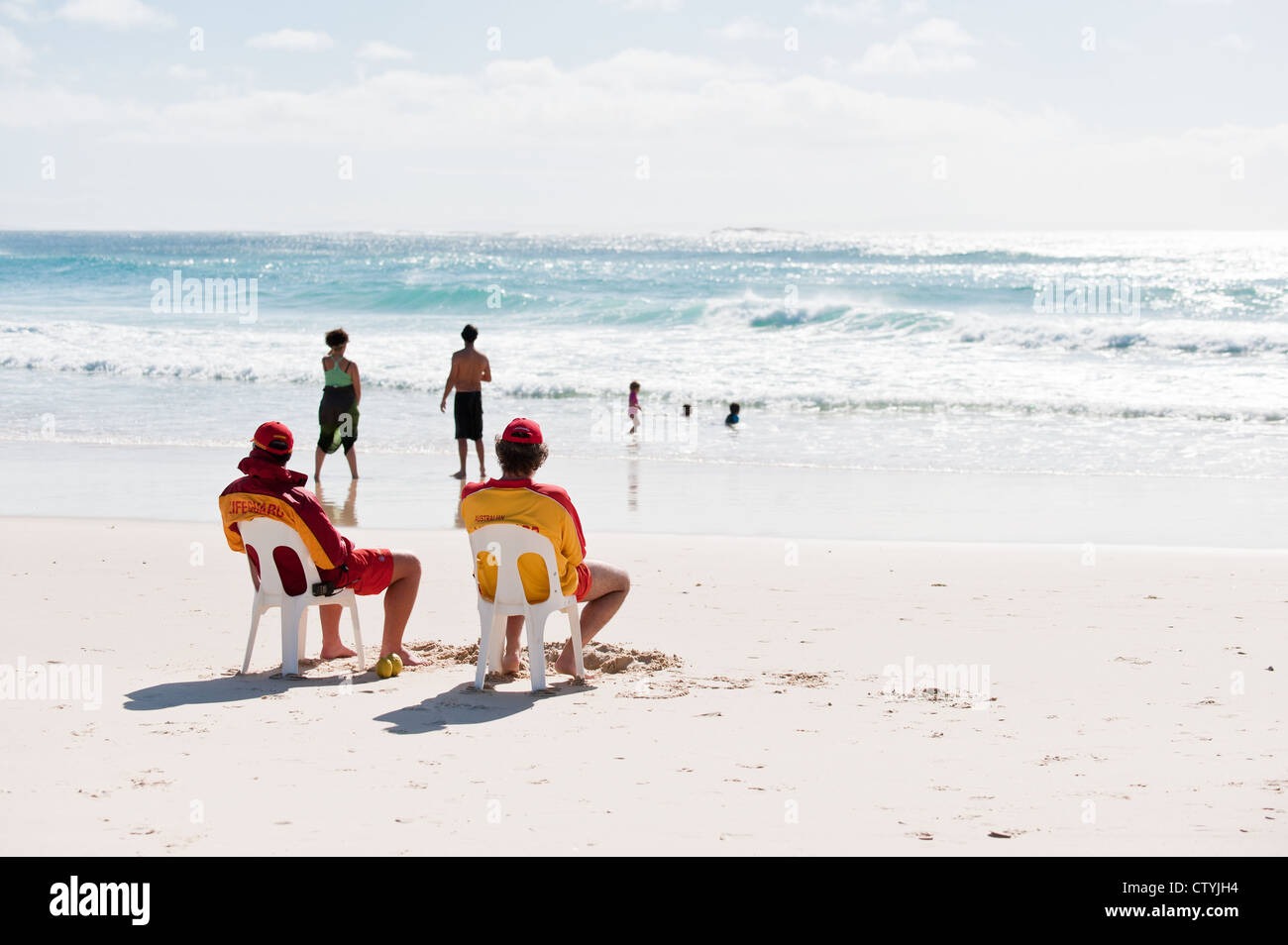 Lifeguards on duty on Cylinder Beach on North Stradbroke Island in Queensland, Australia. Stock Photo