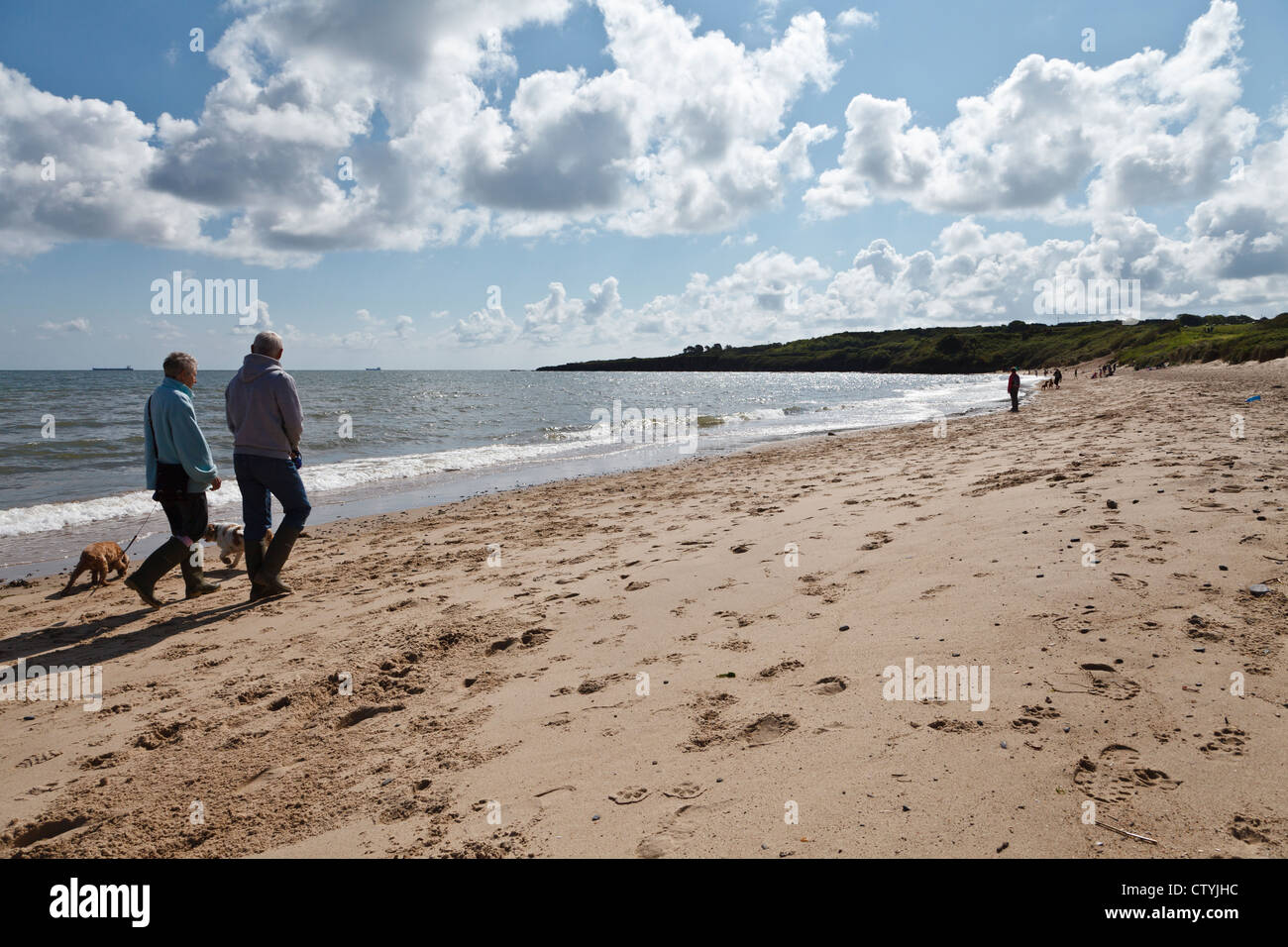 Couple walking dogs on Lligwy Beach, Near Moelfre, Anglesey, Wales