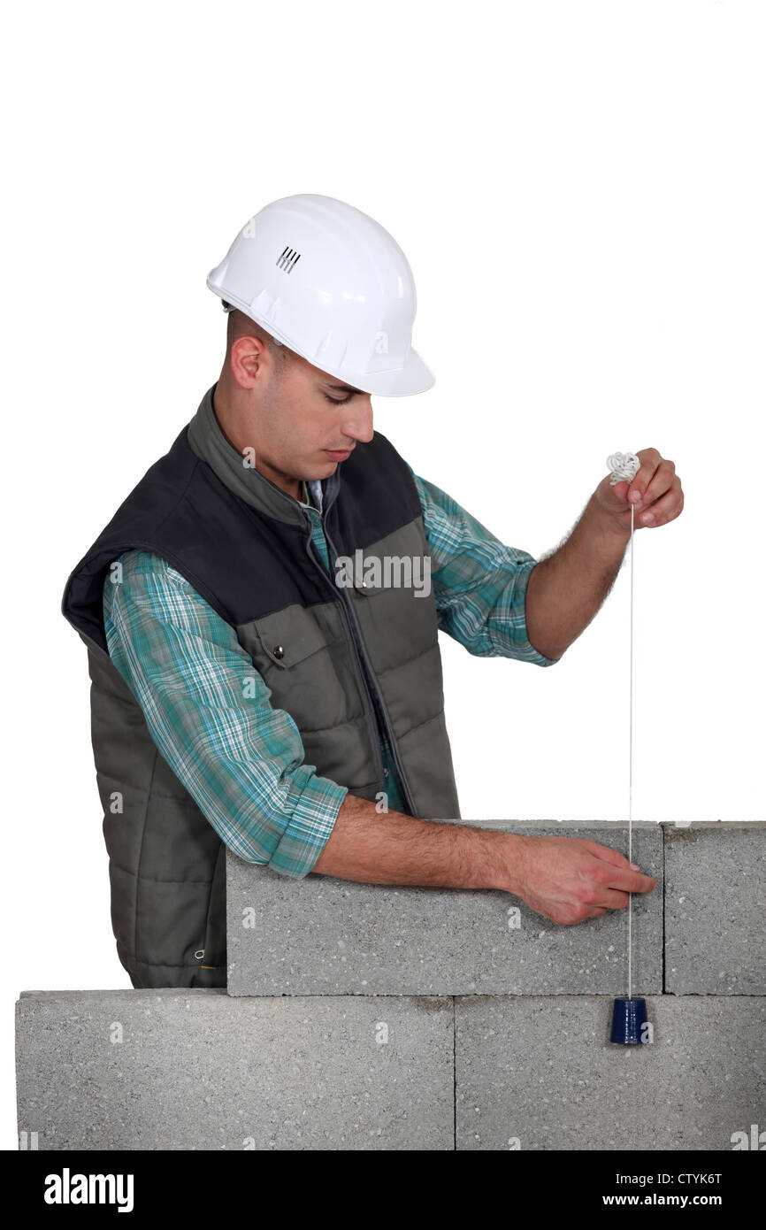 Mason checking a wall with a plumb bob Stock Photo Alamy