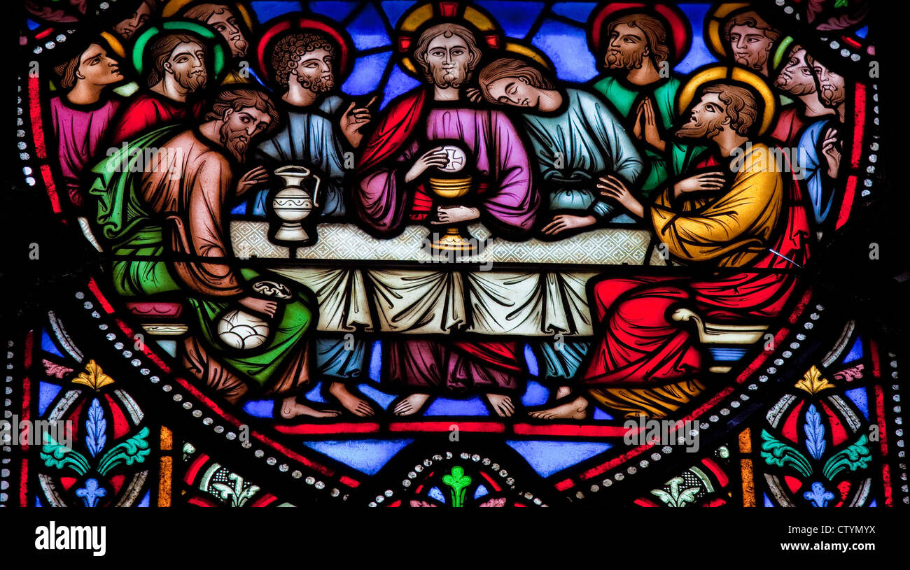 Jesus and the twelve apostles on maunday thursday at the Last Supper. Stock Photo