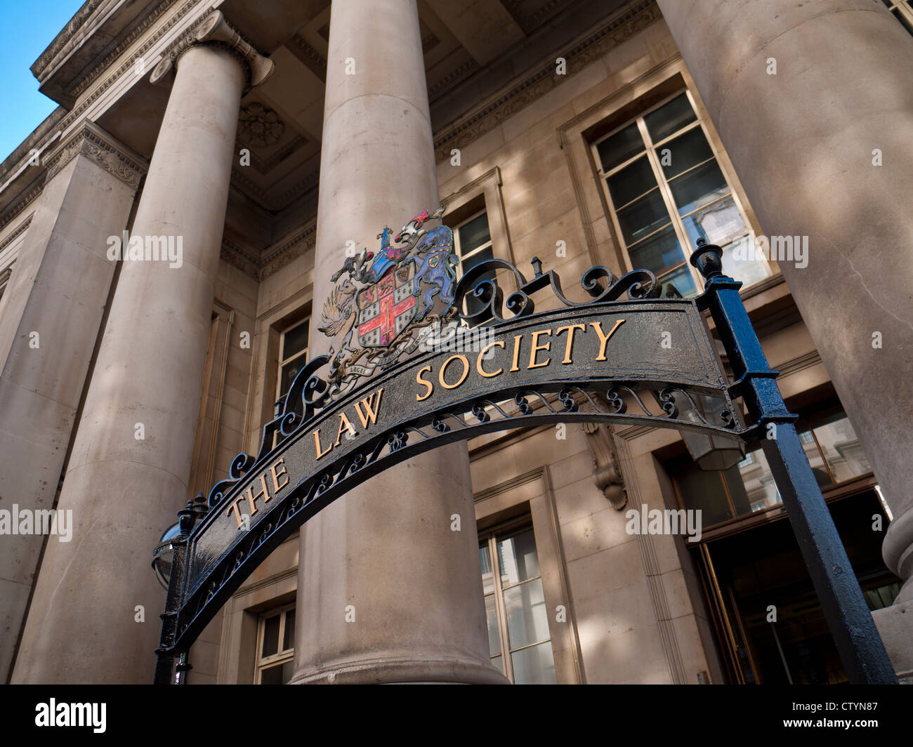 The Law Society building with entrance banner and heraldic flag Holborn London UK Stock Photo