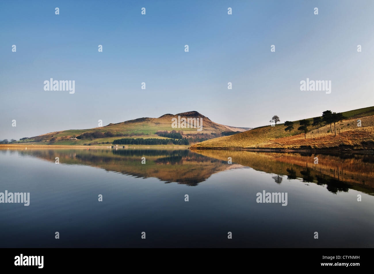 Reflection of hill at Dovestone Reservoir, Peak District, England Stock Photo