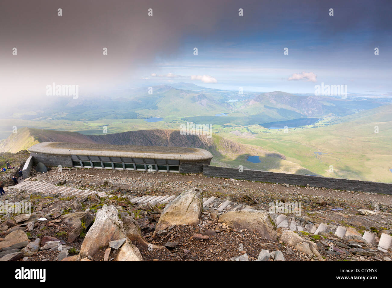 View across Snowdonia from Hafod Eryri, the visitor centre at the summit of Snowdon. Stock Photo