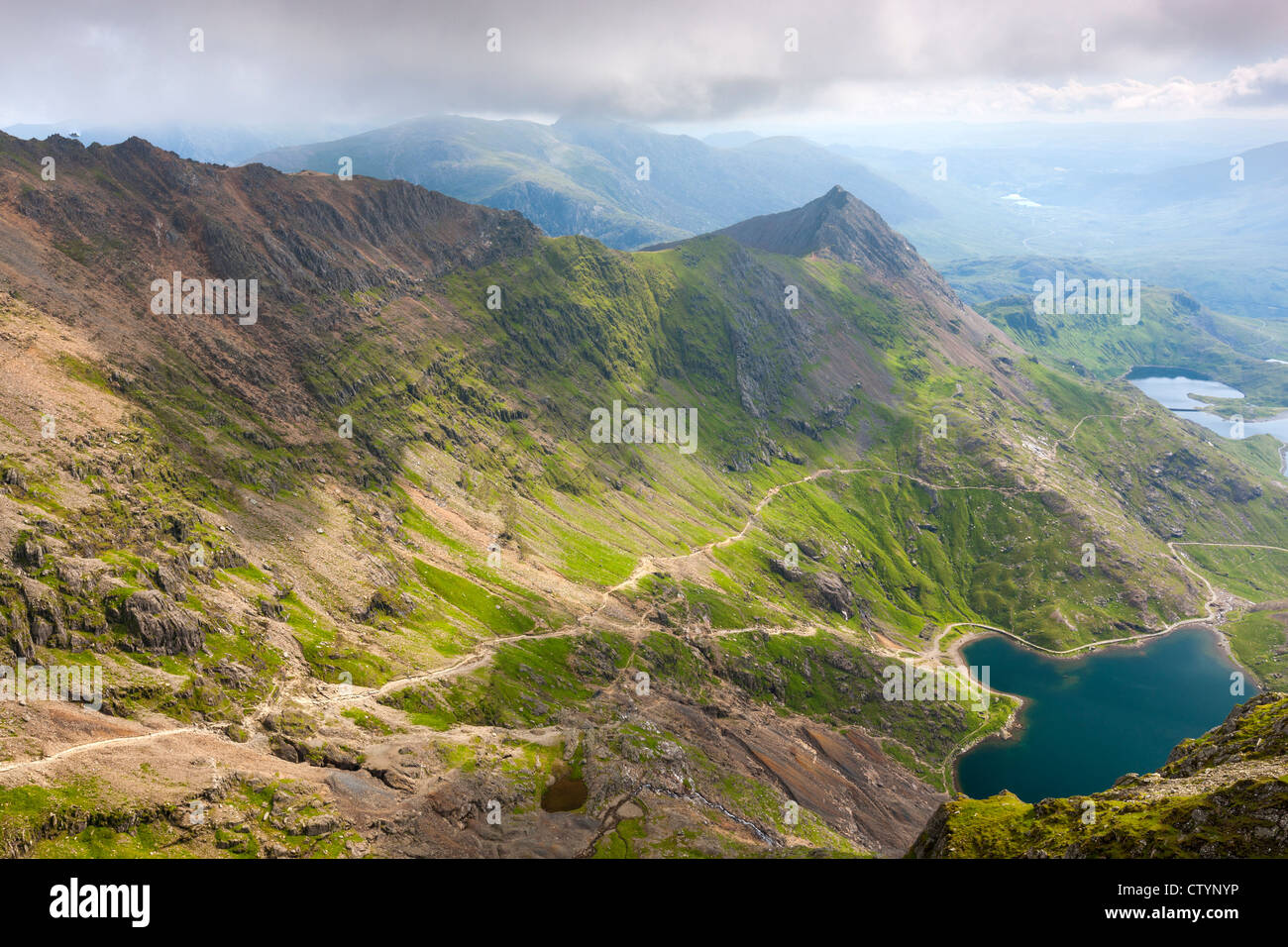 View from Mount Snowdon over Glaslyn and Llyn LLydaw, Snowdonia National Park, Wales Stock Photo