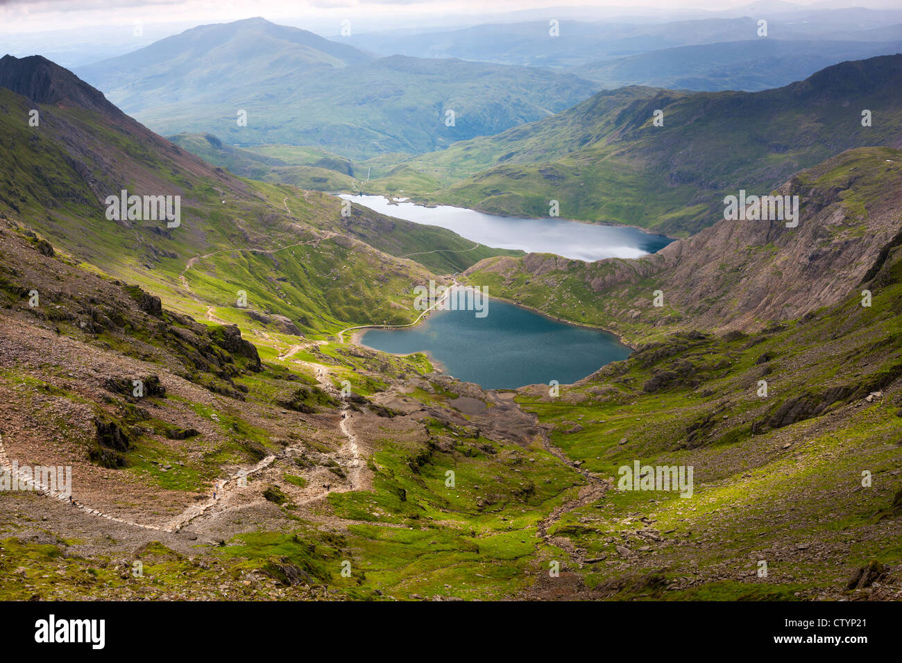 View from Pyg Track over Glaslyn and Llyn LLydaw, Snowdonia National Park, Wales Stock Photo