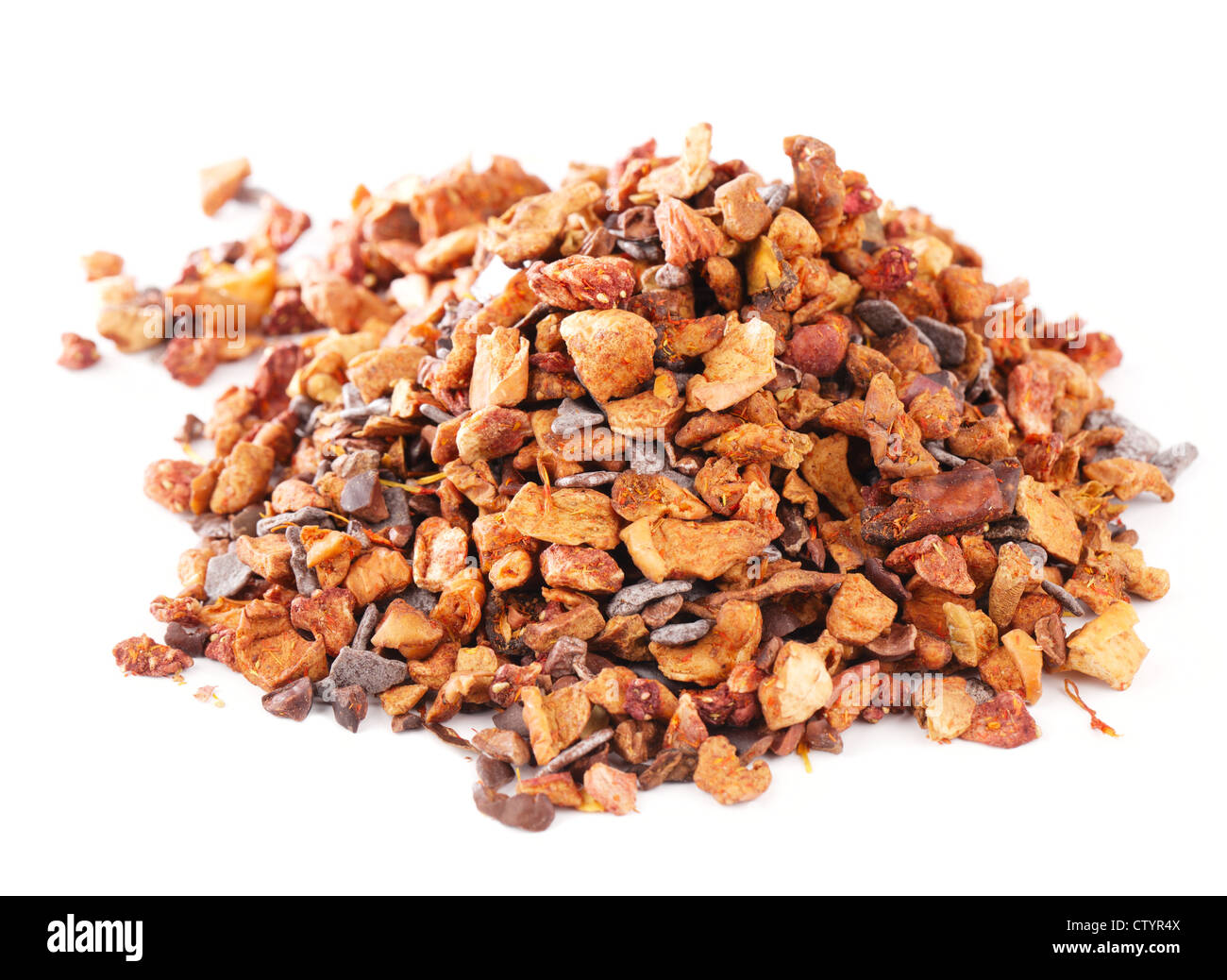 Chocolate and strawberry infusion tea with a peppery kick, over white Stock Photo