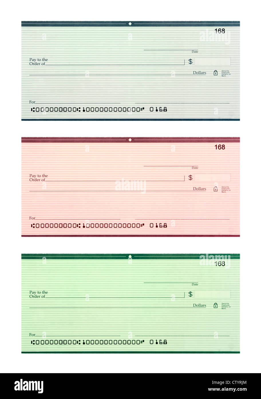 Set of three blank personal bank checks in blue, red, green with