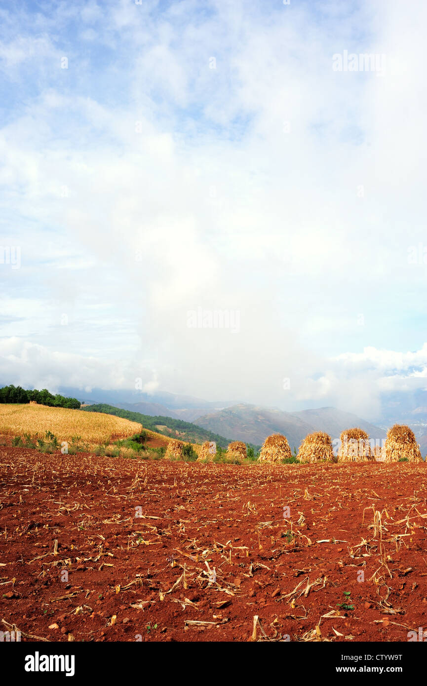 Red Land plateau, terraced farmland, roads Stock Photo