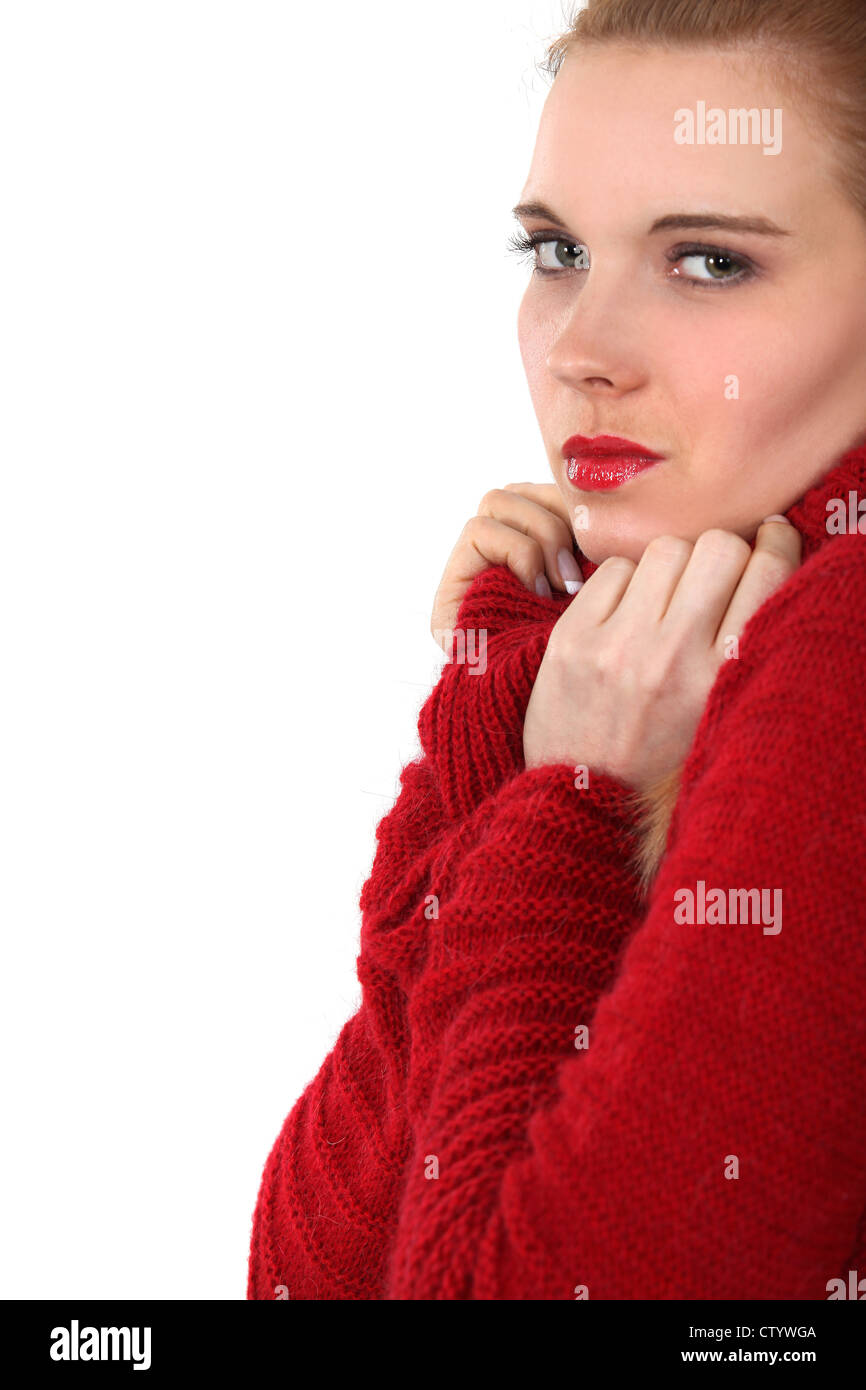 Woman in a red jumper Stock Photo Alamy