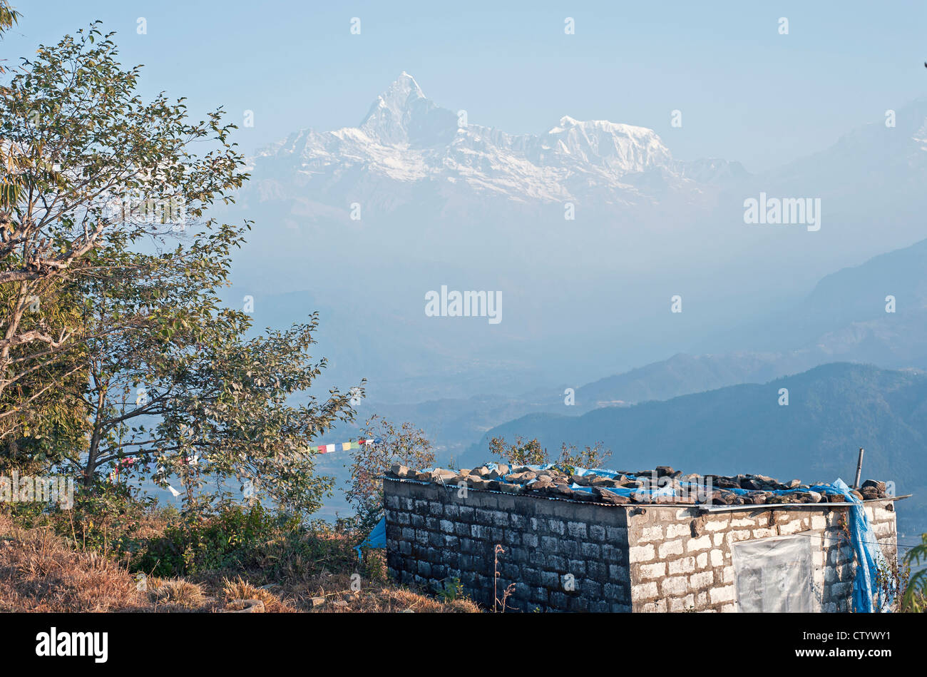 Machapuchare (Fishtail mountain) at dawn. Taken from Nagdaada, Nepal. Stock Photo