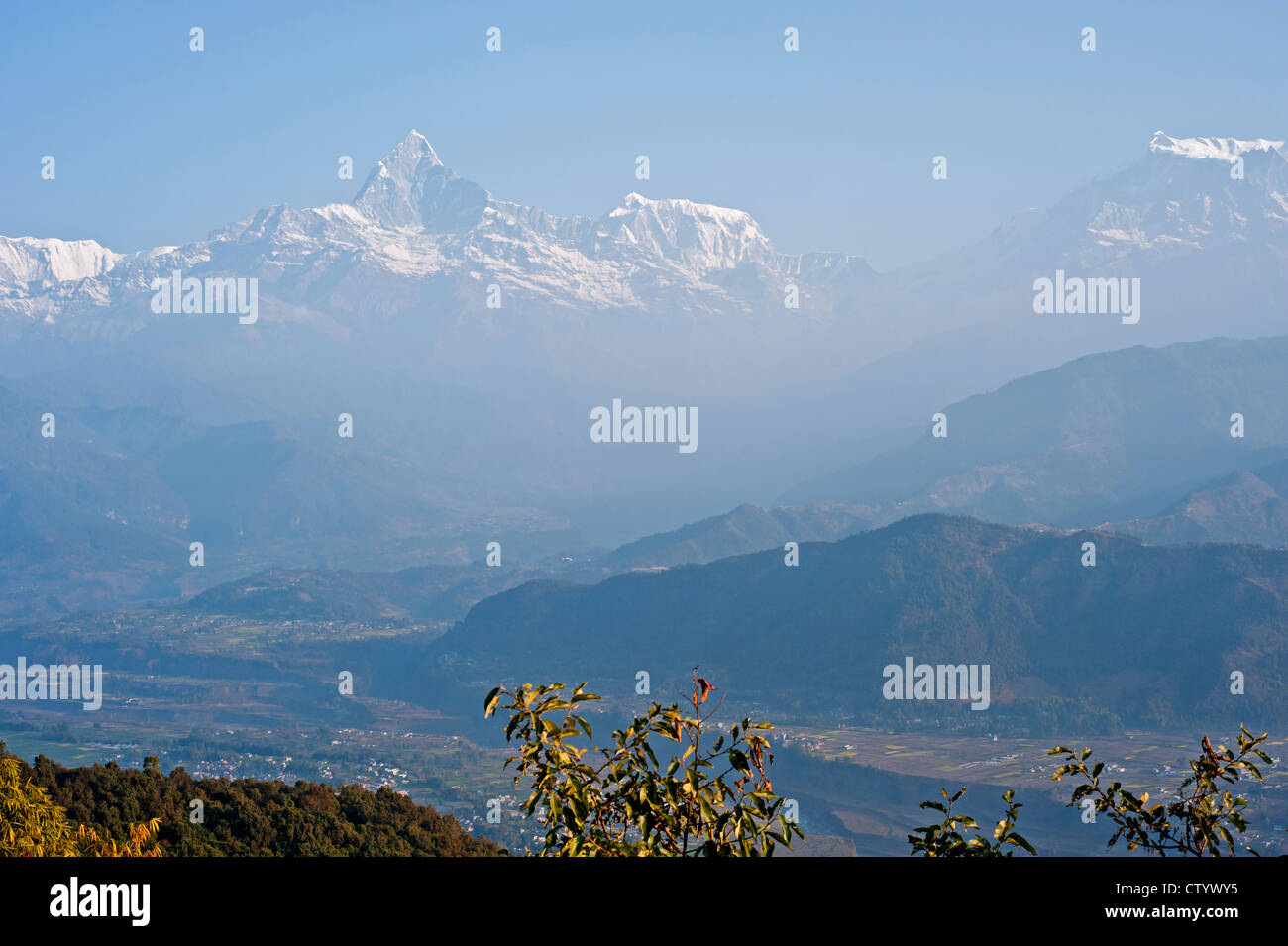 Machapuchare (Fishtail mountain) at dawn. Taken from Nagdaada, Nepal. Stock Photo