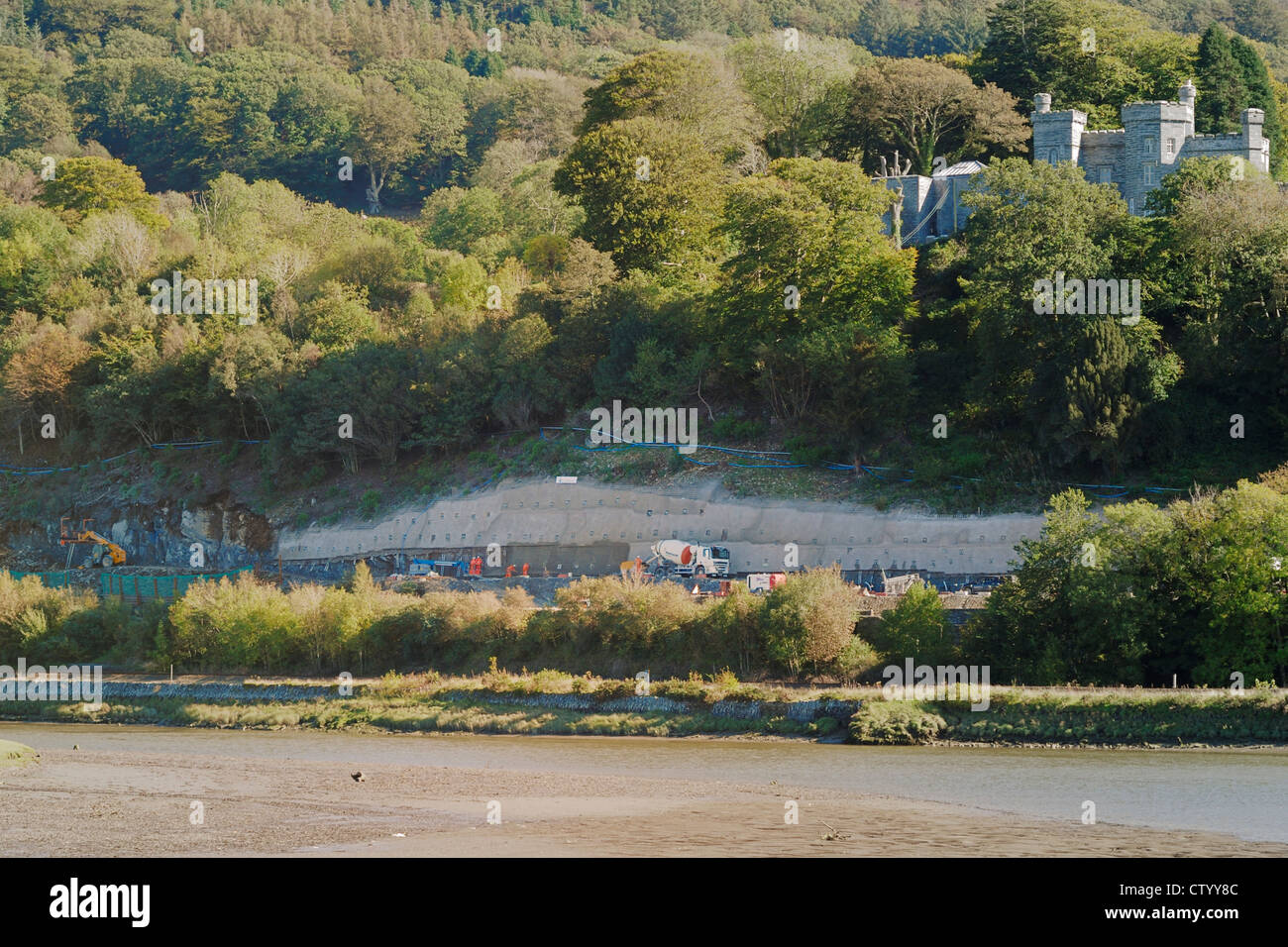 Road widening construction work, Glandyfi bends, Ceredigion, Wales. Stock Photo