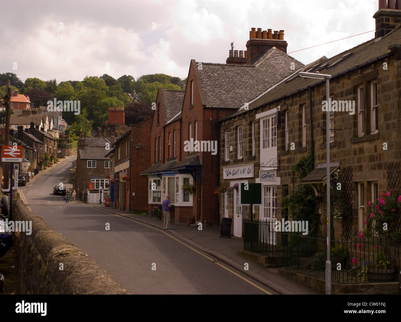 MAIN STREET GROSMONT  NORTH YORKSHIRE SHOWING RAILWAY STATION SIGN AND ROAD AND HOUSES Stock Photo