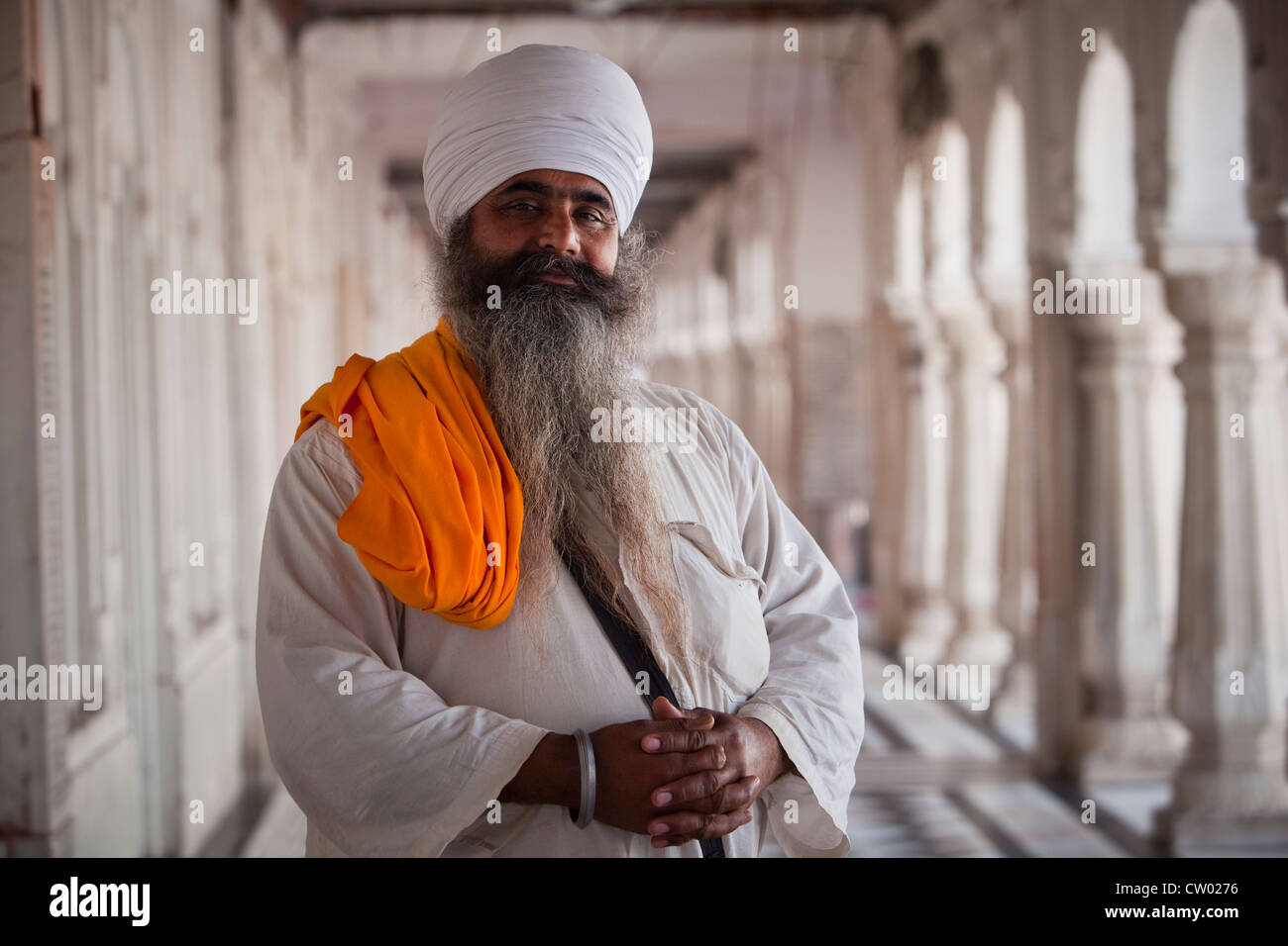 Portrait of Sikh in Darbar Sahib or Golden Temple, Amritsar, Punjab, India Stock Photo