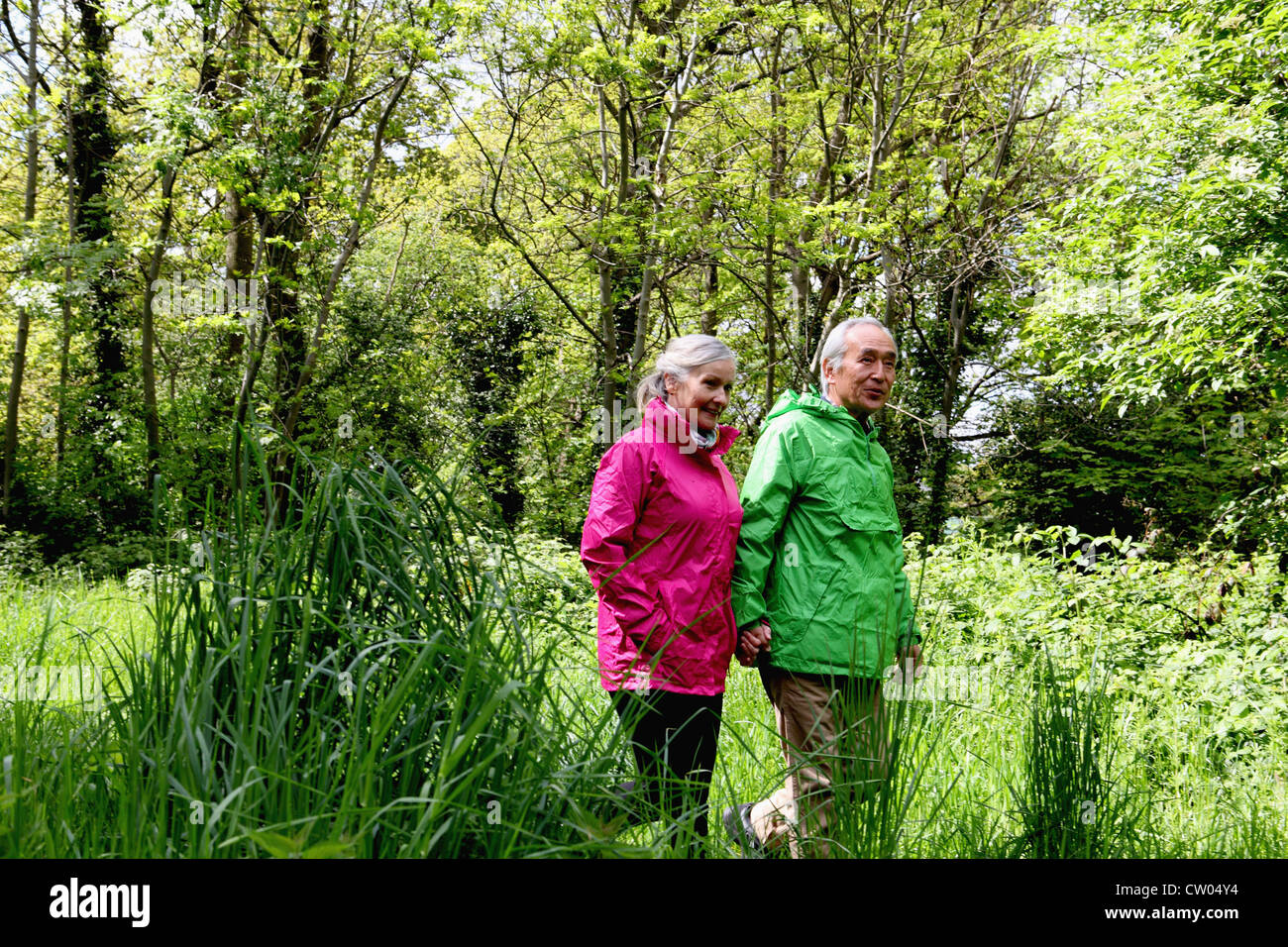 Older couple walking in forest Stock Photo