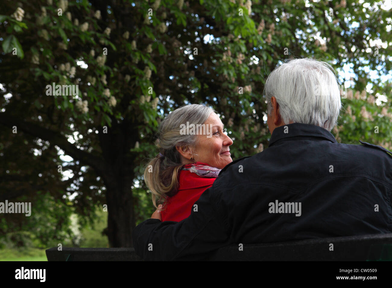 Older couple sitting on park bench Stock Photo - Alamy