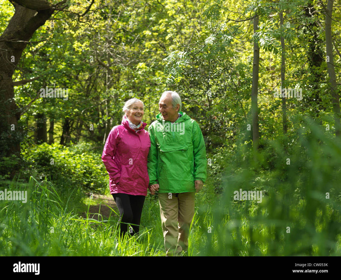 Older couple walking in forest together Stock Photo