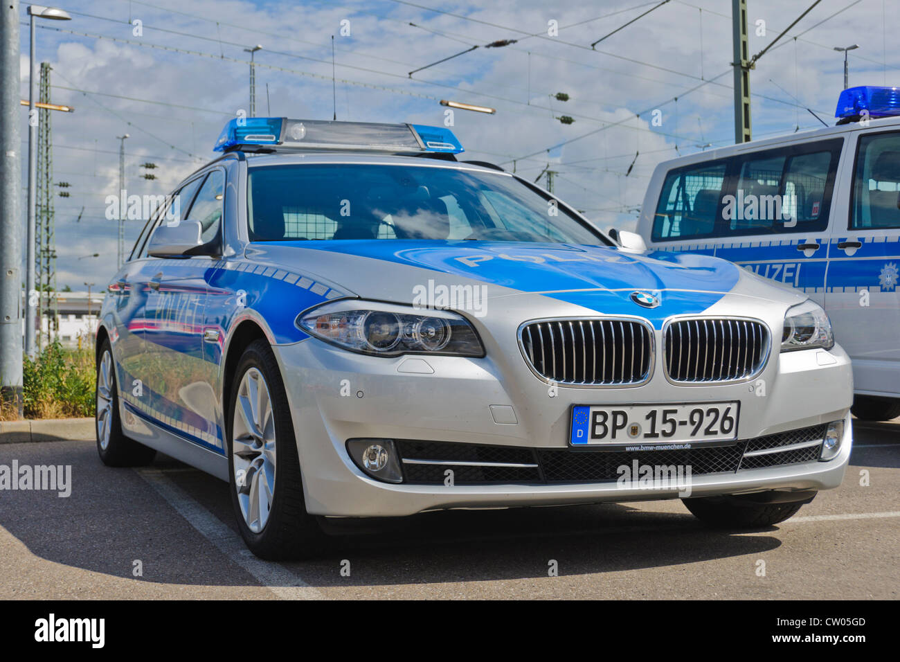 BMW and VW Volkswagen police patrol cars of the German Federal Police (Bundespolizei) - Heilbronn Germany Stock Photo