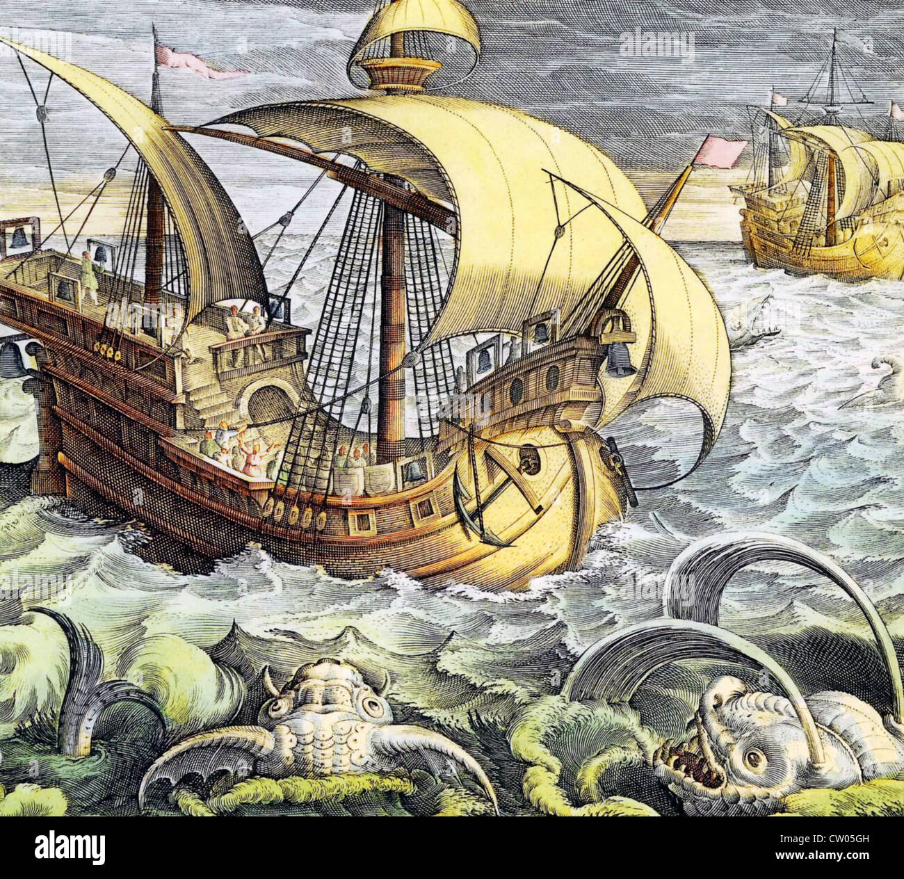 DUTCH MERCHANT SHIPS - coloured engraving by Jan van der Straat about  1570 Stock Photo