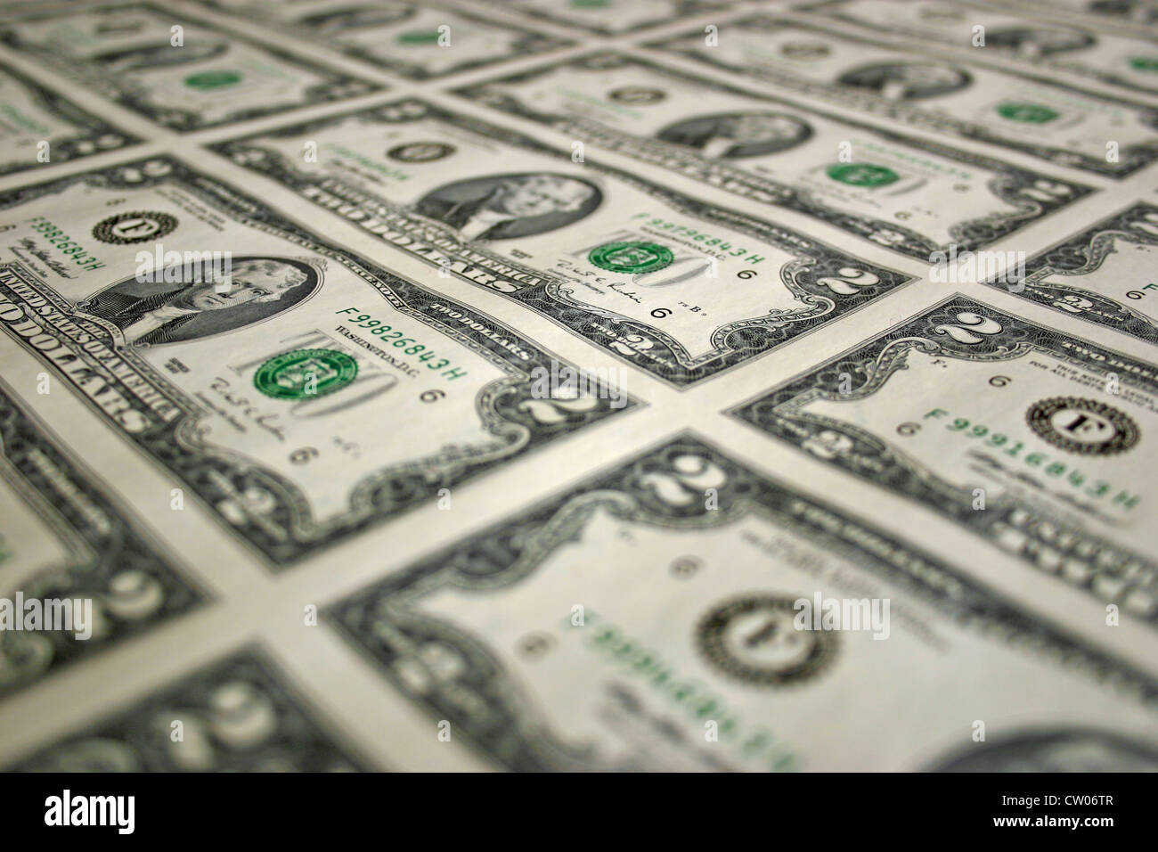 An uncut sheet of two dollar bills Stock Photo