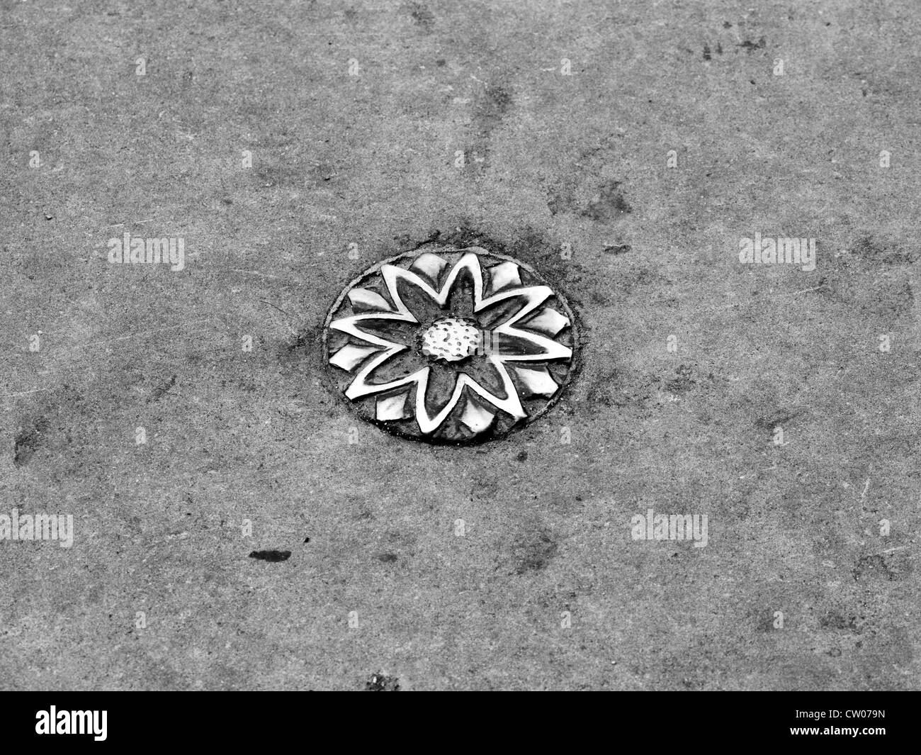 Bronze flower in a Cambridge pavement near St Johns college and the Round Church Stock Photo
