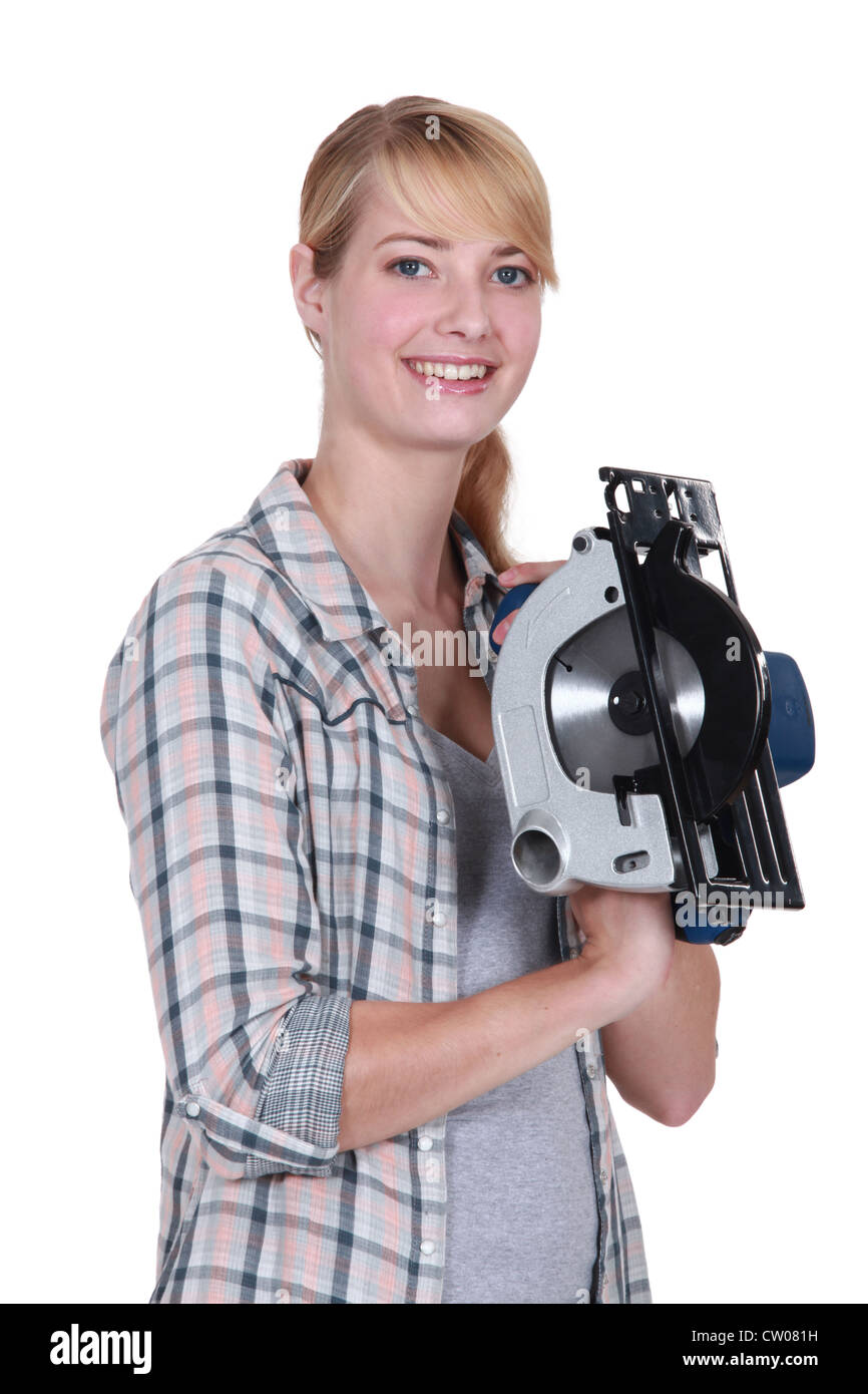 Woman with a circular saw Stock Photo Alamy