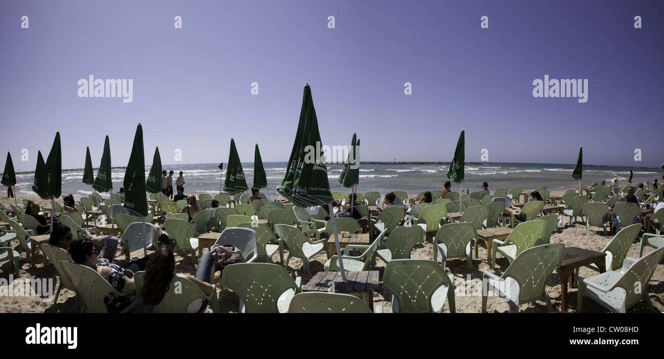 Outdoor restaurant on the beach, Tel Aviv, Israel Stock Photo
