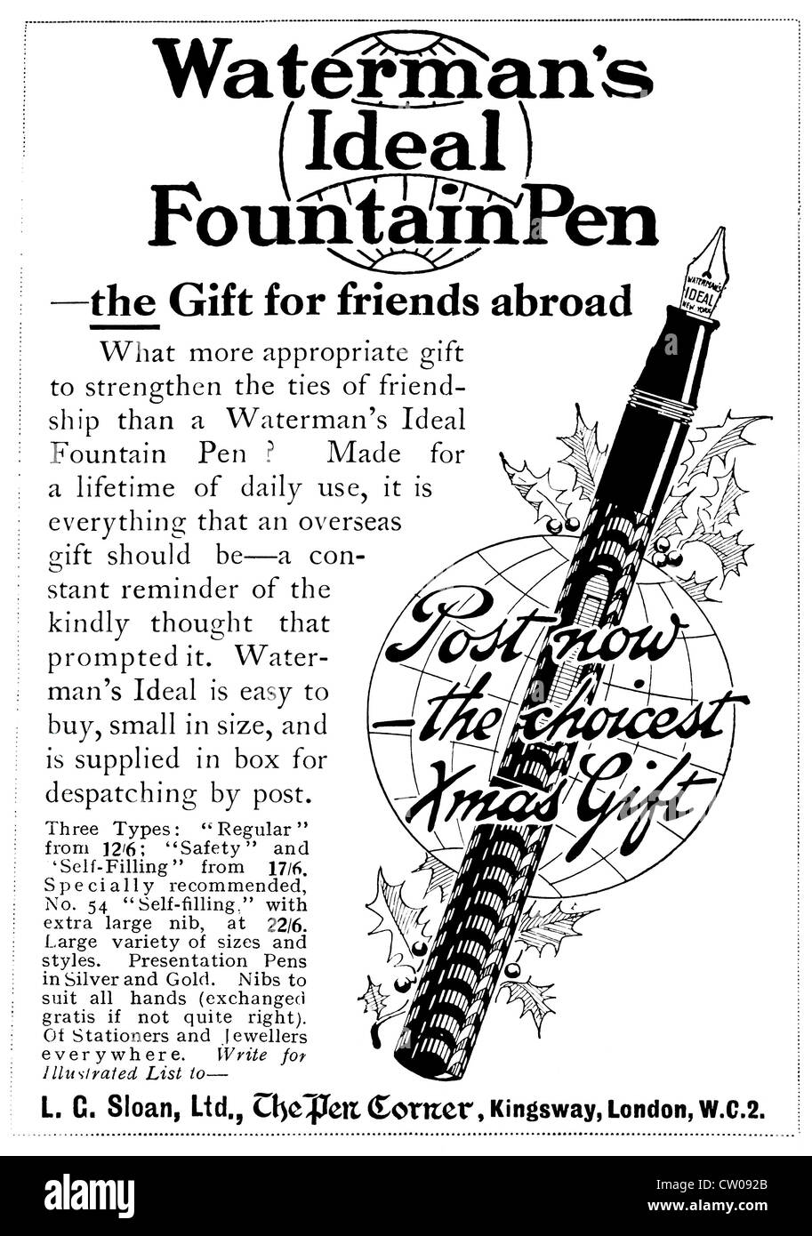 1920s 'Homes & Gardens' magazine advertisement for 'Waterman's Ideal Fountain Pen' - UK. Stock Photo