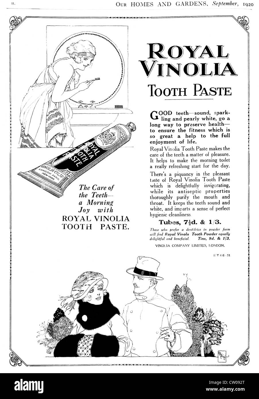 1920s 'Homes & Gardens' magazine advertisement for 'Royal Vinolia' toothpaste - UK. Stock Photo