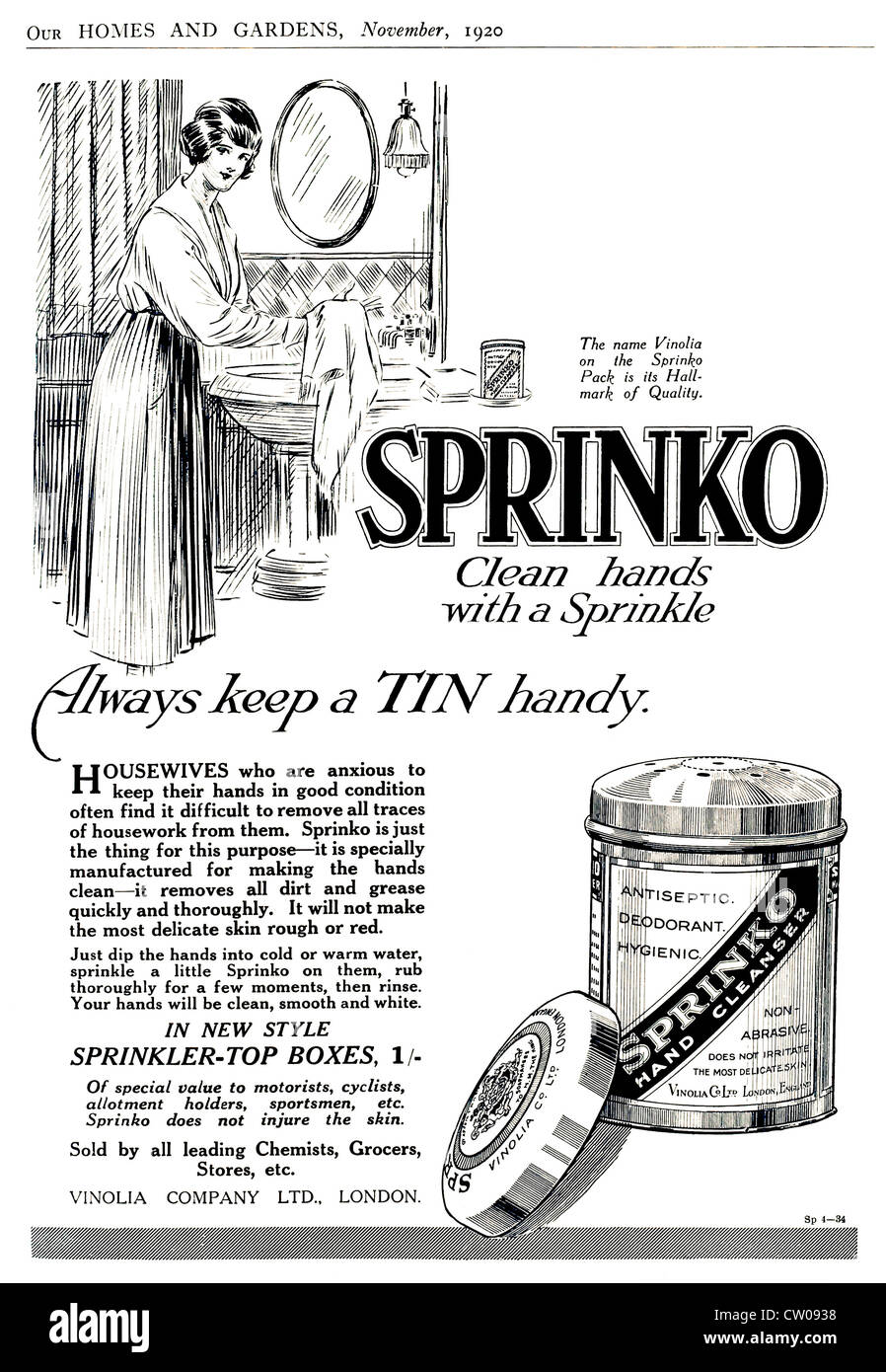 1920s 'Homes & Gardens' magazine advertisement for 'Sprinko' hand cleaner - UK. Stock Photo