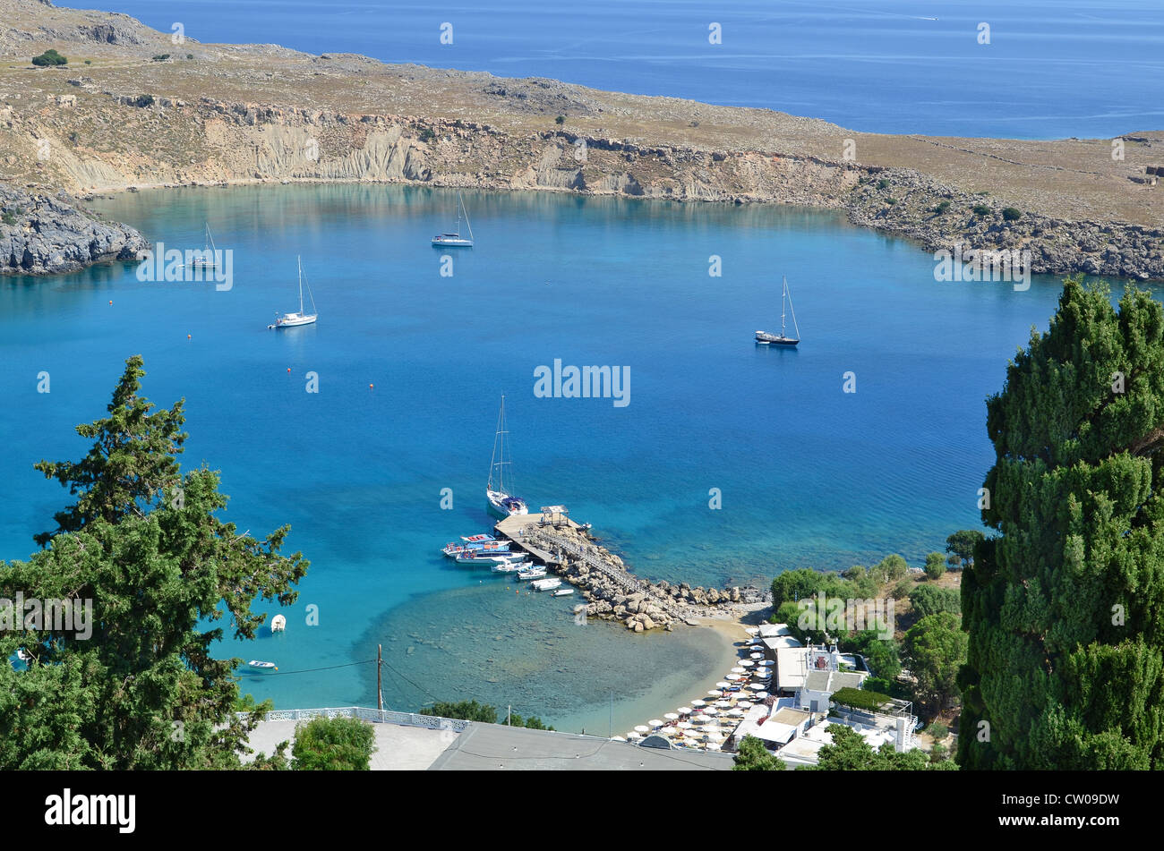 St. Pauls bay in Lindos on the Greek Island of Rhodes Stock Photo