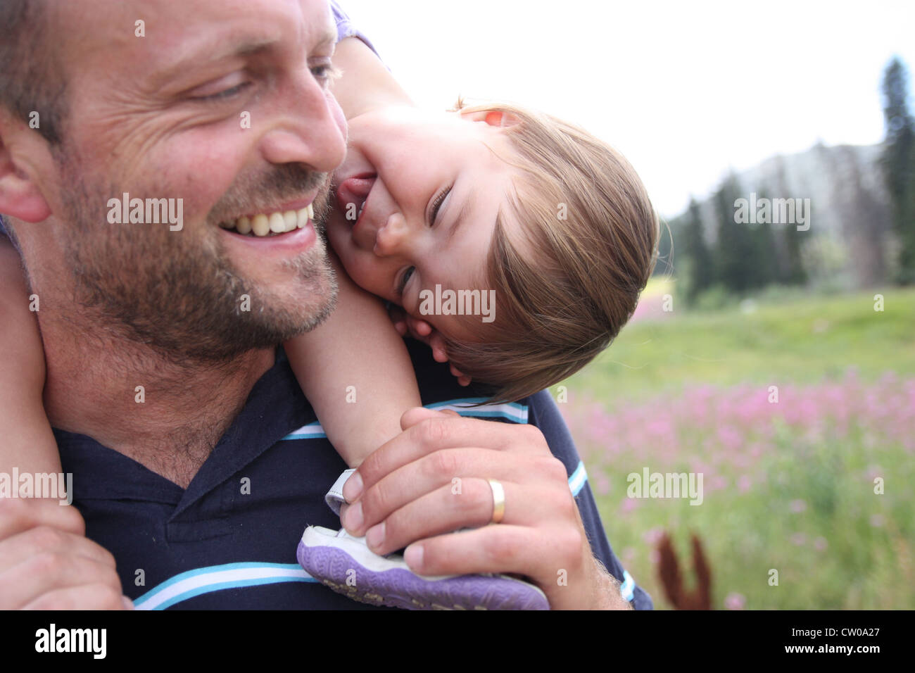 Cheeky smiling baby daughter on Daddy's shoulders on top of a beautiful mountain with flowers Stock Photo