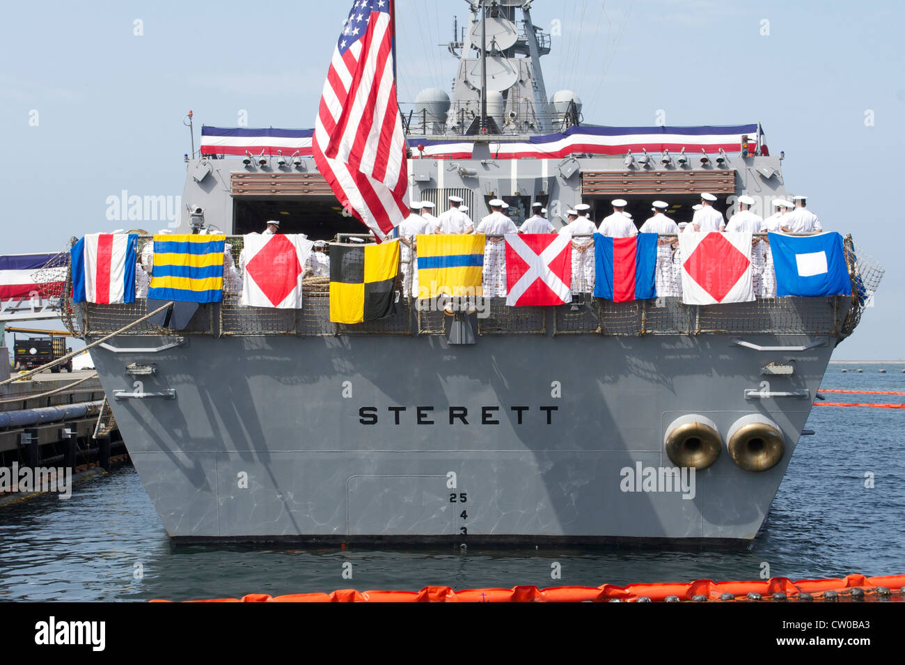 The guided-missile destroyer USS Sterett (DDG 104) holds a change of command ceremony at Naval Base San Diego. Stock Photo