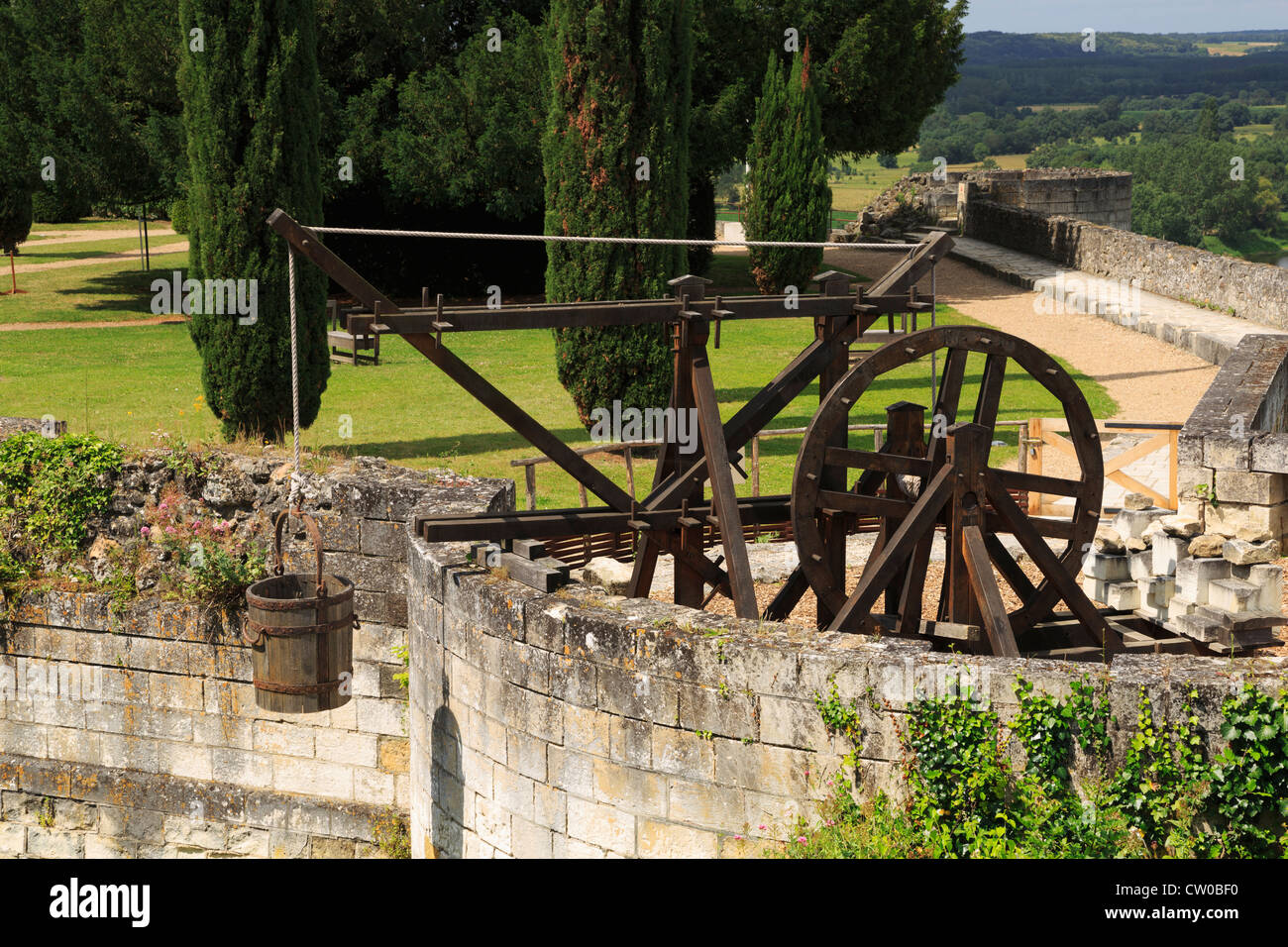 Lifting machine, Chinon, Loire Valley, France, Replica of a machine used to lift building materials in medieval times. Stock Photo