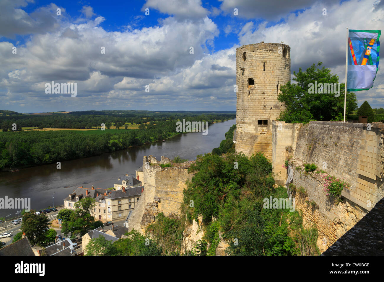 Tour du Moulin and the Loire River, Chinon, France. The tower is the corner keep of the Fort du Coudray. Stock Photo