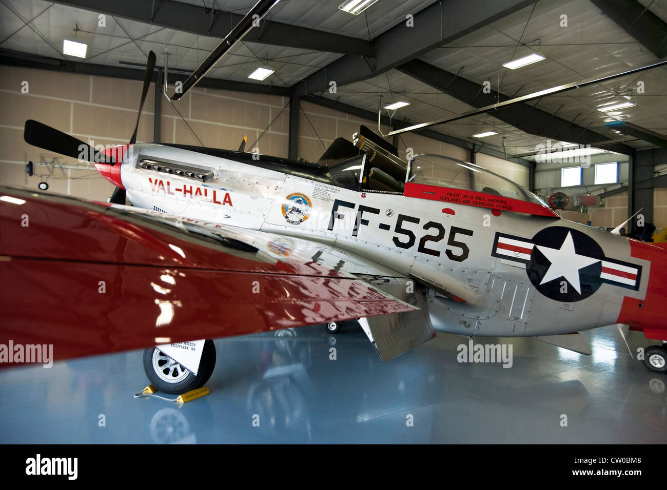 beautifully restored P-51 Mustang Val-Halla used during WWII displayed Heritage Flight Museum Bellingham International Airport Stock Photo