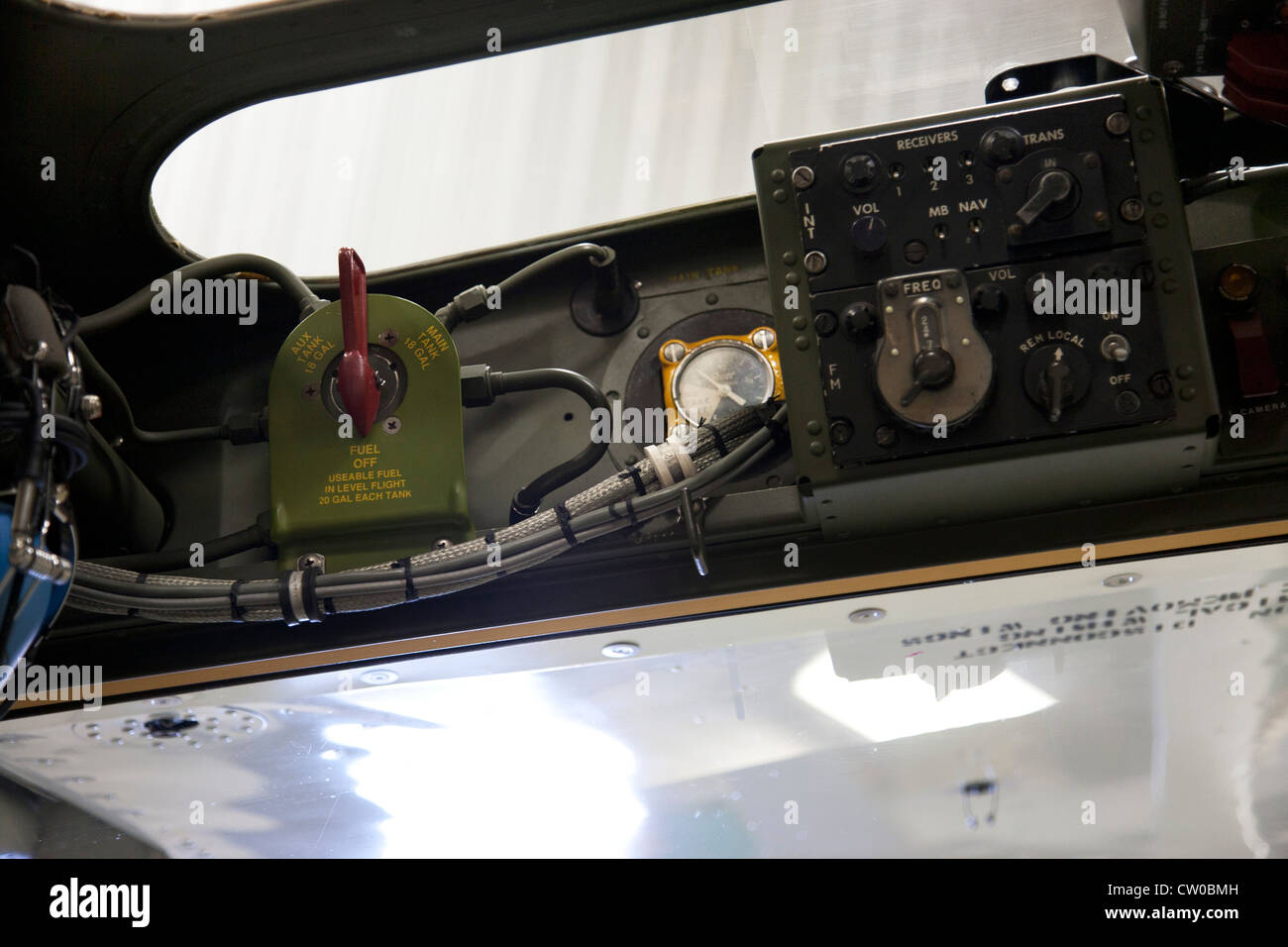 WWII communications equipment inside cockpit of modified Cessna 172 0-1 observation plane displayed in Heritage Flight Museum Stock Photo